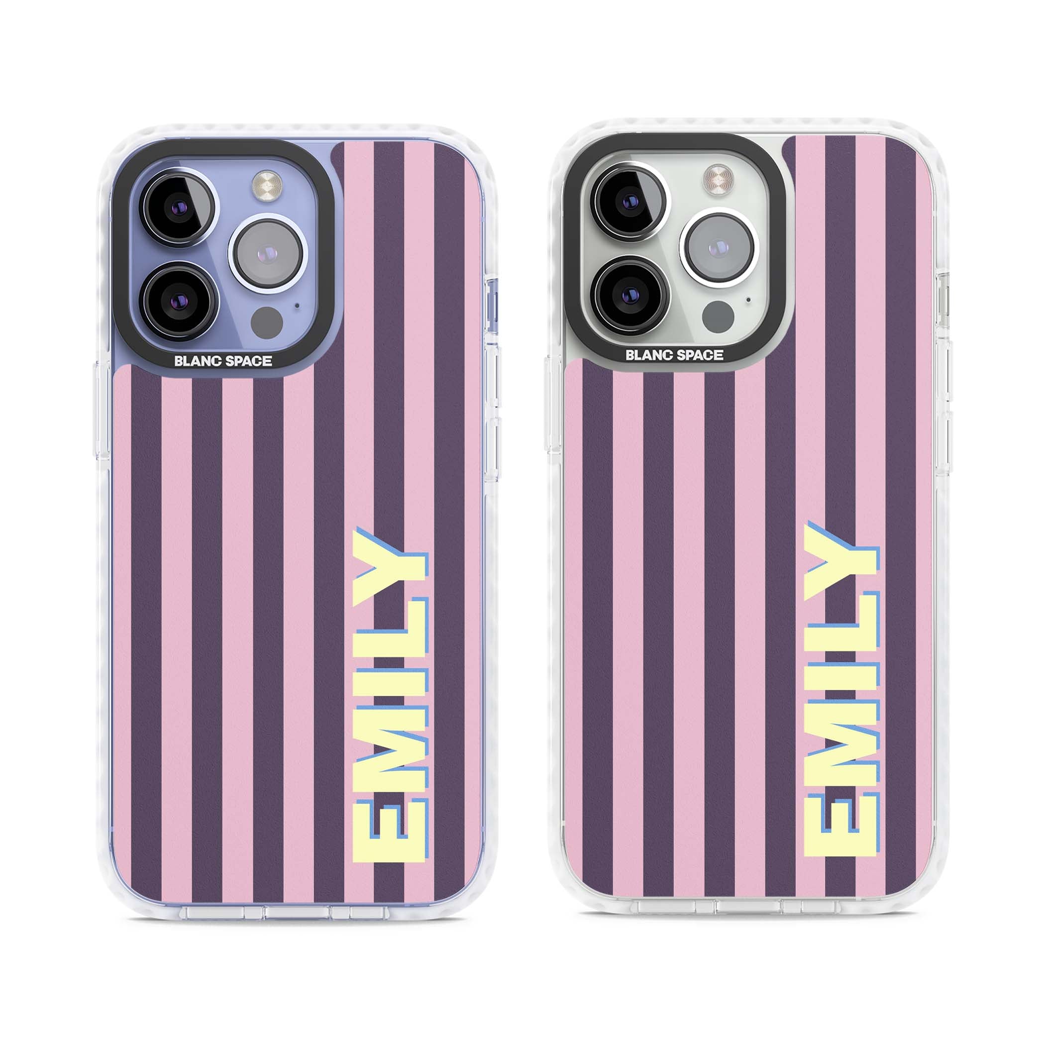 Tyre Stripe personalised stripe iPhone case with plum and pink vertical stripes and custom yellow name | Impact Magsafe case for iPhone 13 Pro, iPhone 14 Pro, iPhone 15 Pro