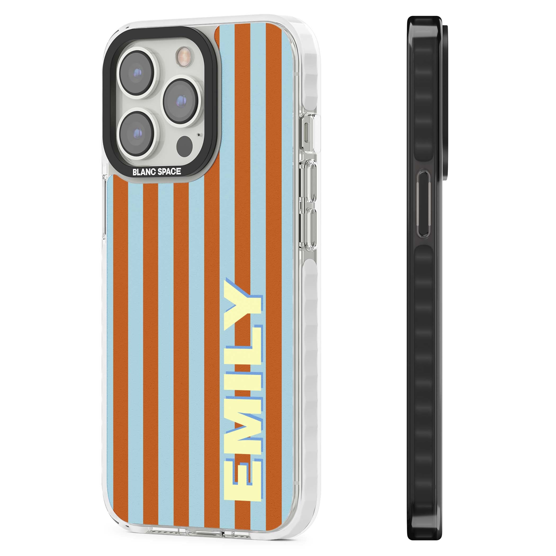 Cappadocia Stripe personalised coastal iPhone case featuring blue and orange vertical stripes with custom cream name | Impact Magsafe case for iPhone 13 Pro, iPhone 14 Pro, iPhone 15 Pro