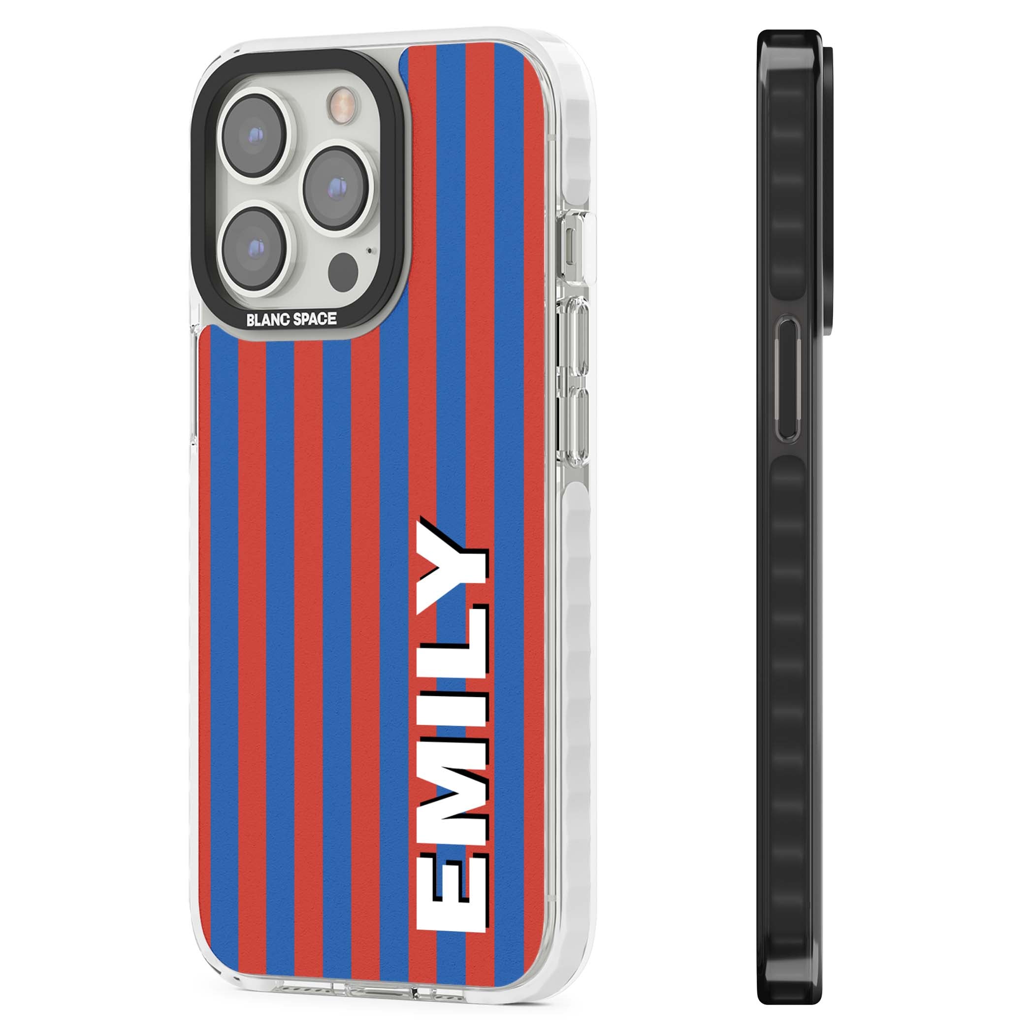 Cuban Stripe personalised iPhone case featuring red and blue vertical stripes with custom name in bold white letters | Impact Magsafe case for iPhone 13 Pro, iPhone 14 Pro, iPhone 15 Pro