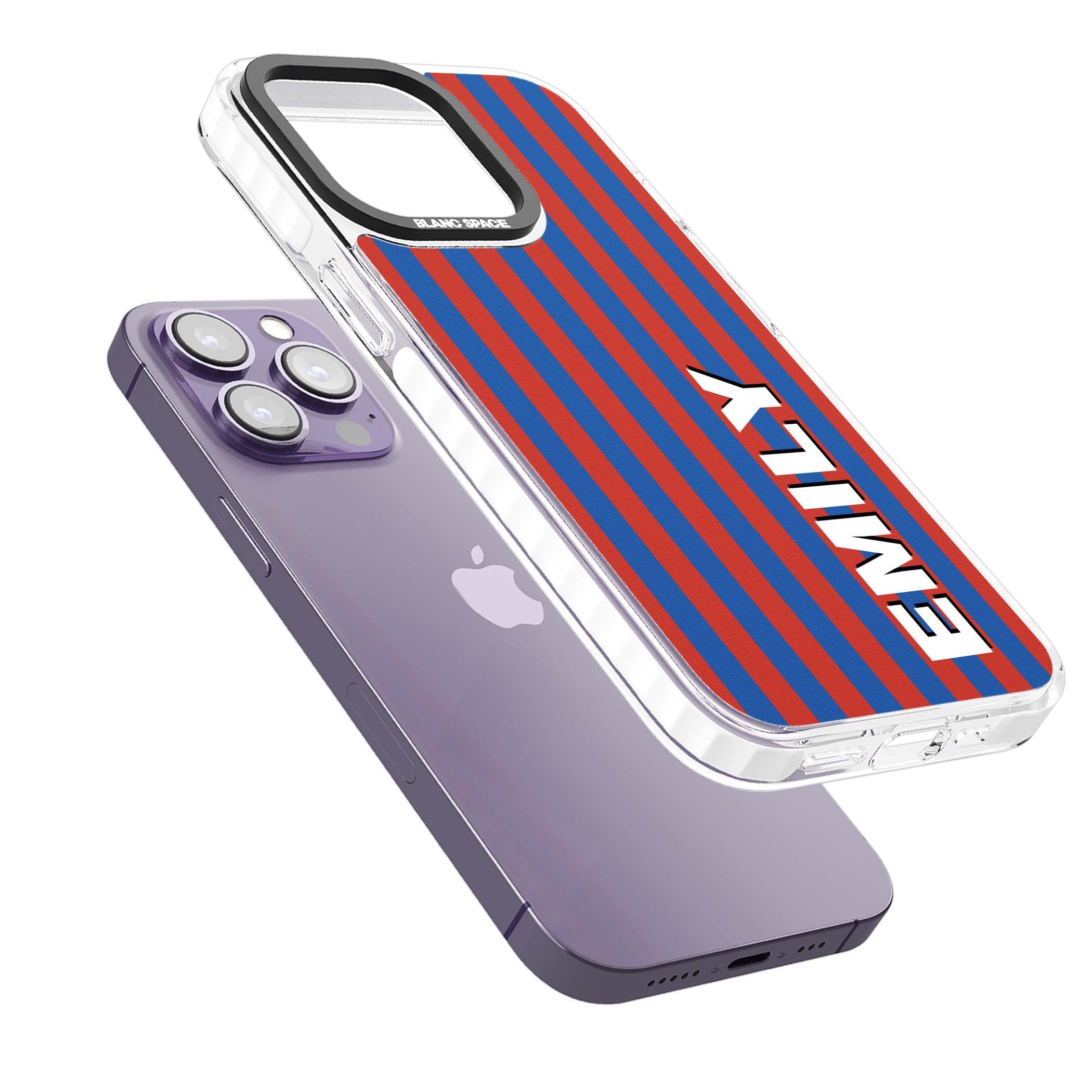 Cuban Stripe personalised iPhone case featuring red and blue vertical stripes with custom name in bold white letters | Impact Magsafe case for iPhone 13 Pro, iPhone 14 Pro, iPhone 15 Pro