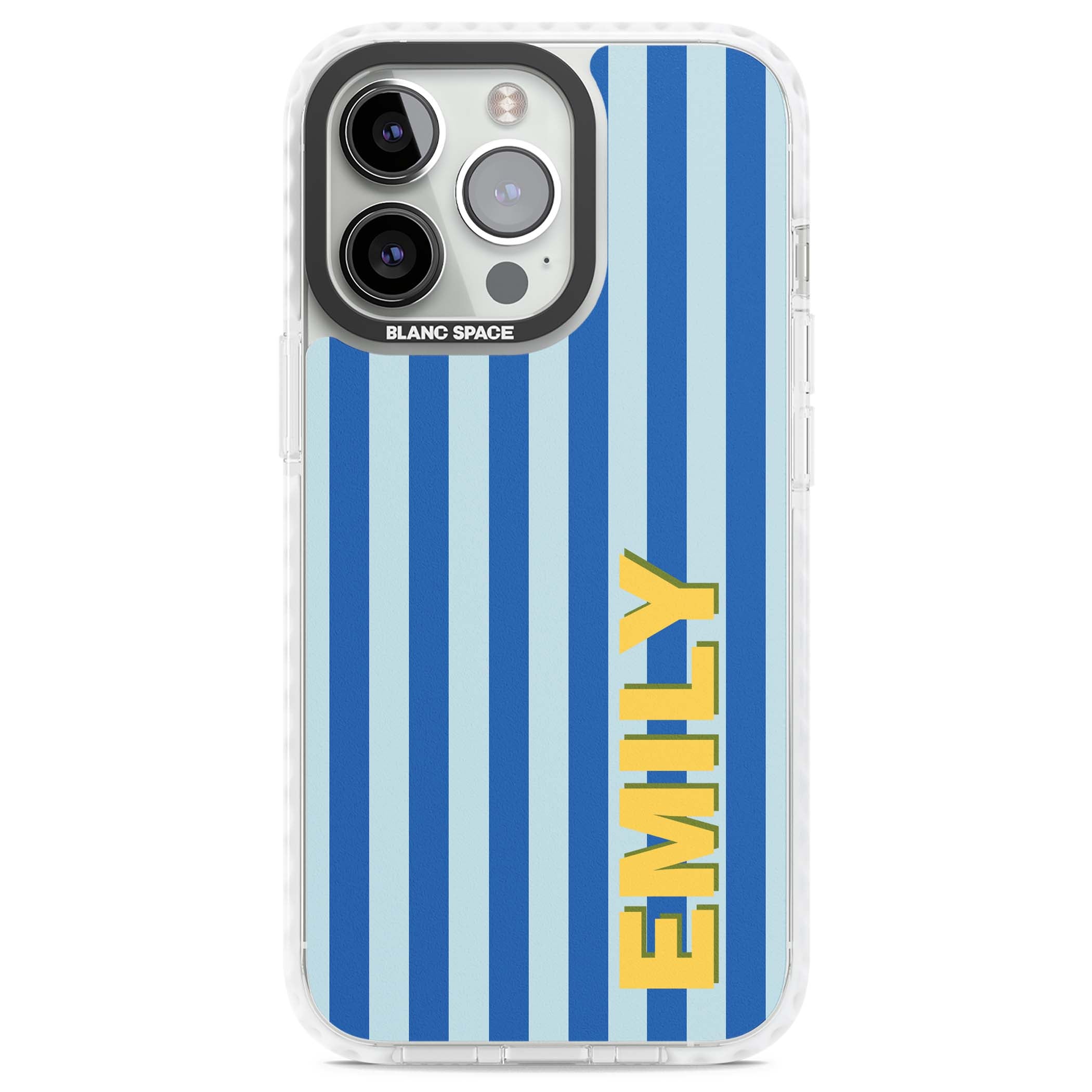 Athenian Stripe personalised preppy iPhone case featuring blue vertical stripes and a custom yellow name | Impact Magsafe case for iPhone 13 Pro, iPhone 14 Pro, iPhone 15 Pro