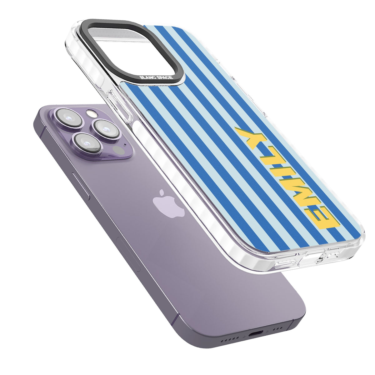 Personalised Athenian Stripe iPhone 13 Pro / iPhone 13 Pro Max / iPhone 14 Pro / iPhone 14 Pro Max / iPhone 15 Pro / iPhone 15 Pro Max Impact Pro Clear Phone Case angled