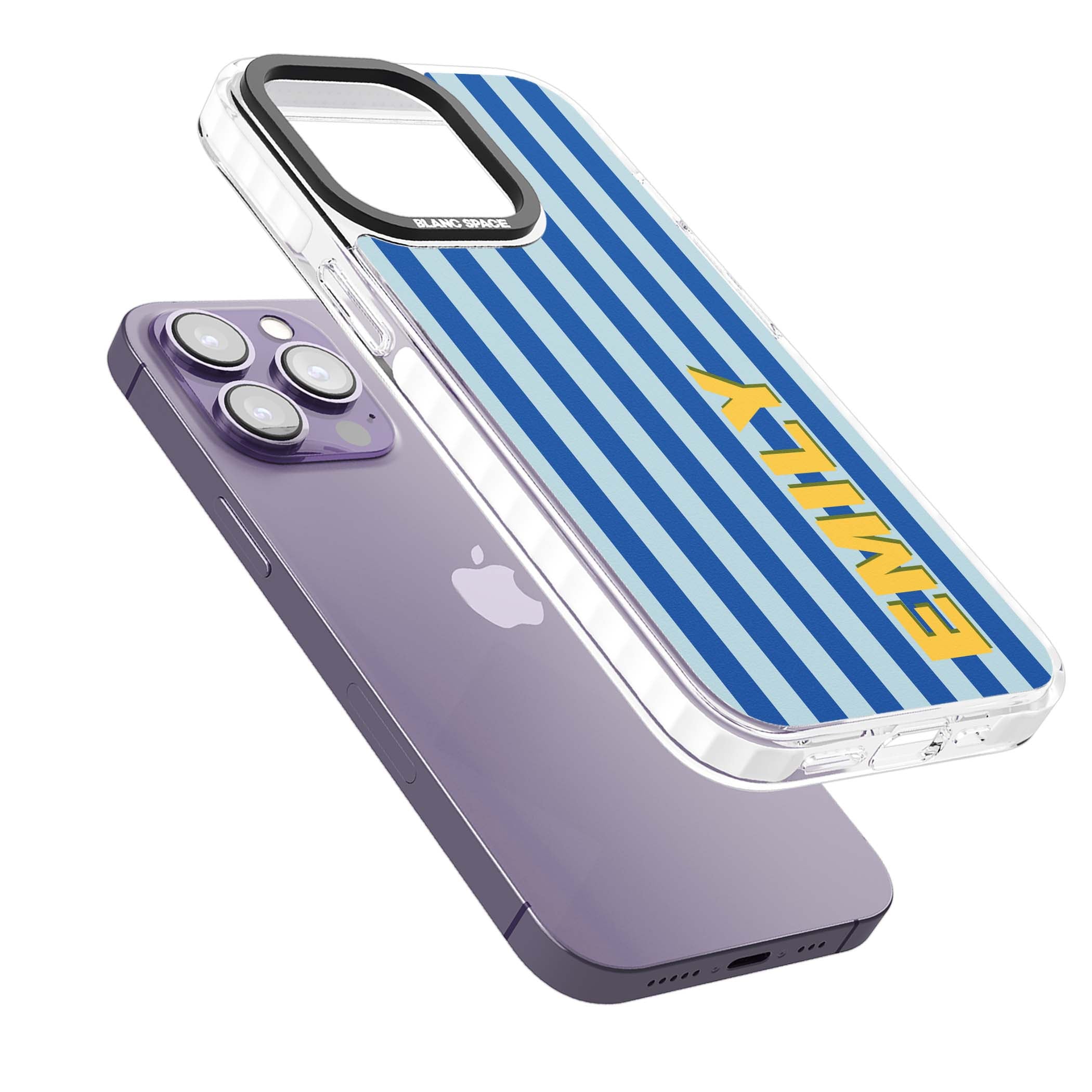 Athenian Stripe personalised preppy iPhone case featuring blue vertical stripes and a custom yellow name | Impact Magsafe case for iPhone 13 Pro, iPhone 14 Pro, iPhone 15 Pro