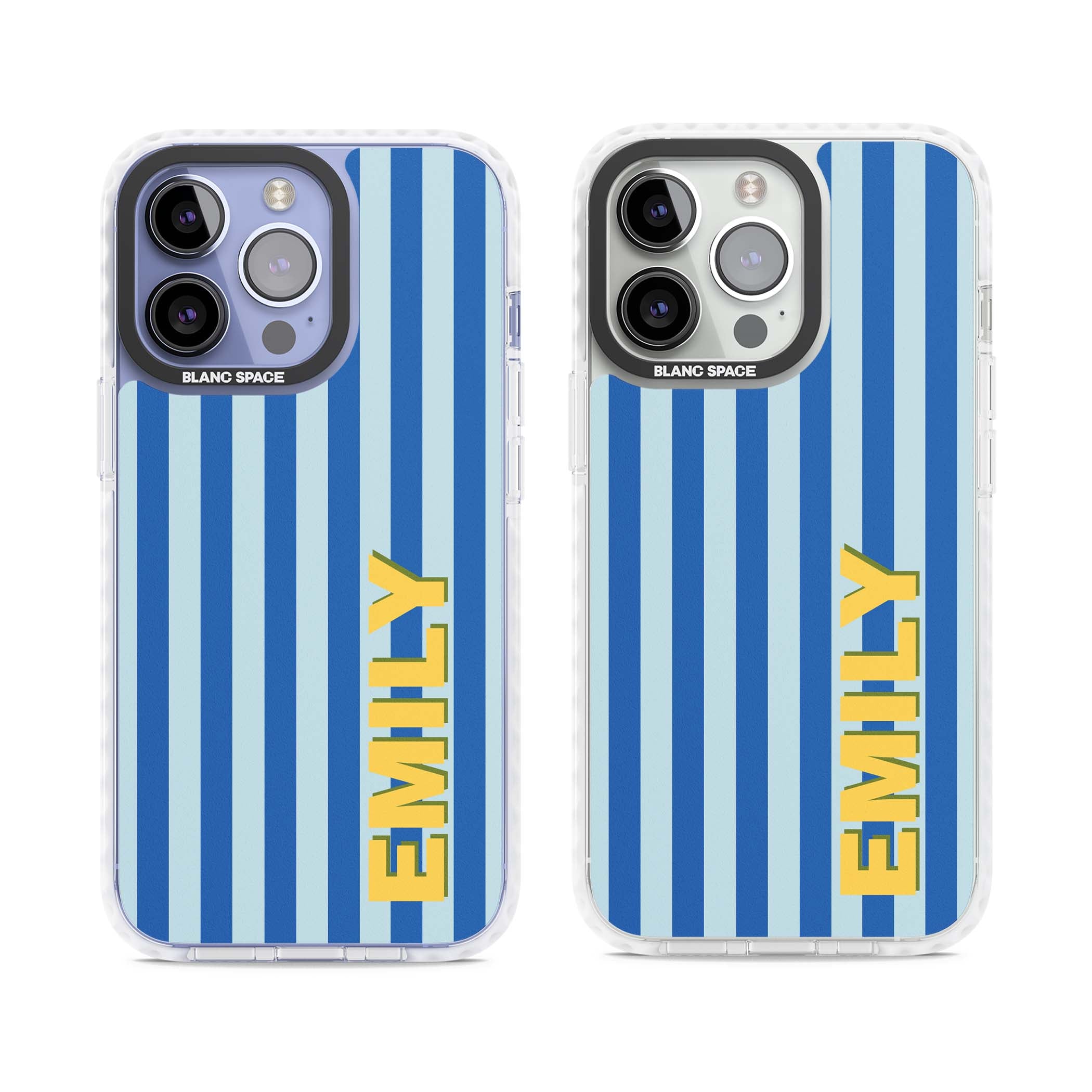 Athenian Stripe personalised preppy iPhone case featuring blue vertical stripes and a custom yellow name | Impact Magsafe case for iPhone 13 Pro, iPhone 14 Pro, iPhone 15 Pro