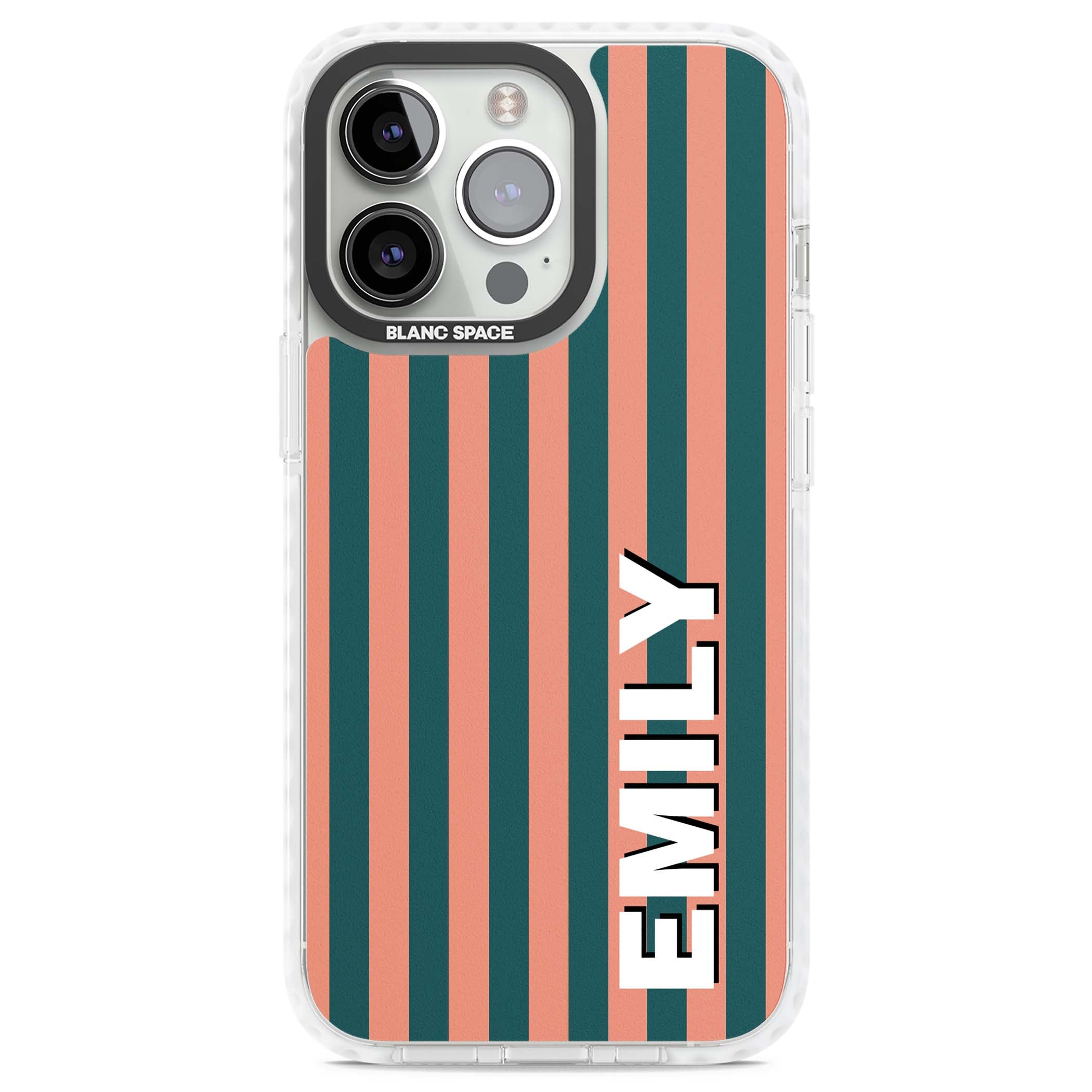 Tuscan Stripe personalised iPhone case featuring coral and green vertical stripes with bold custom name | Impact Magsafe case for iPhone 13 Pro, iPhone 14 Pro, iPhone 15 Pro