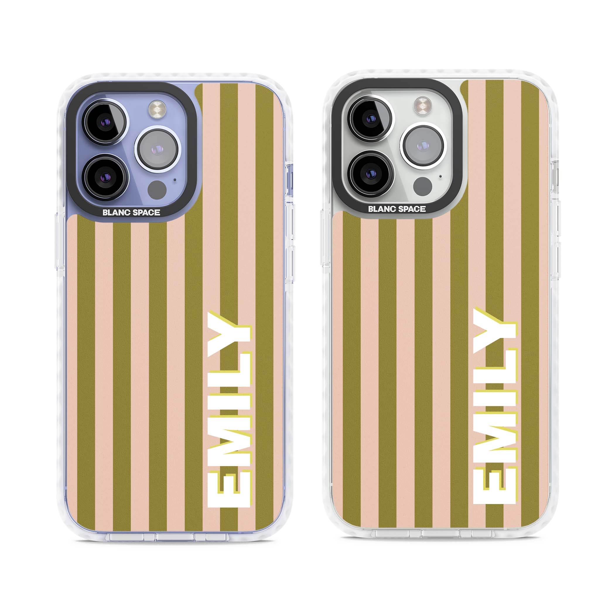 Indian Stripe personalised iPhone case featuring olive green and blush pink vertical stripes with custom name in whit | Impact Magsafe case for iPhone 13 Pro, iPhone 14 Pro, iPhone 15 Pro