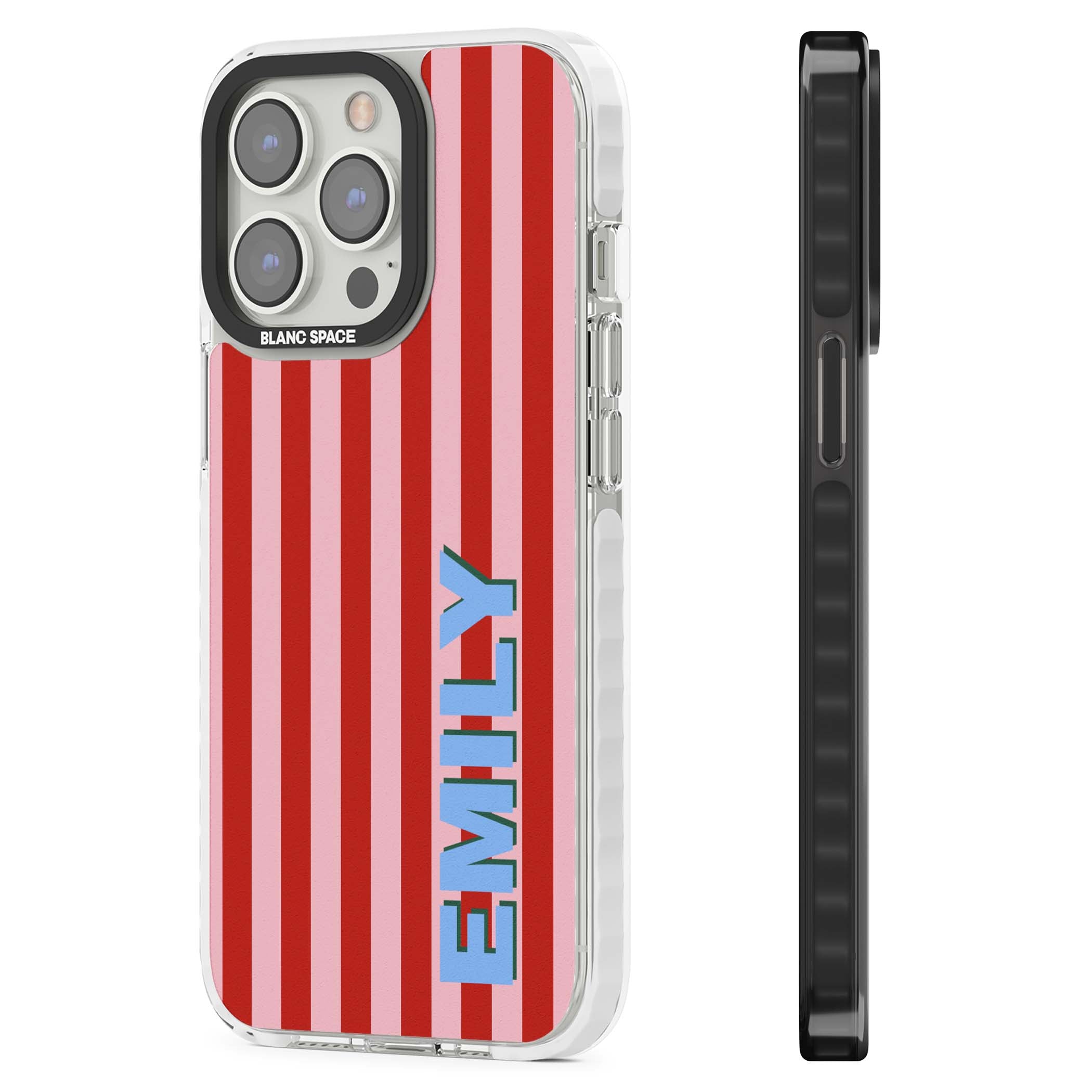 Market Stripe personalised iPhone case with red and pink vertical stripes and custom blue name | Impact Magsafe case for iPhone 13 Pro, iPhone 14 Pro, iPhone 15 Pro