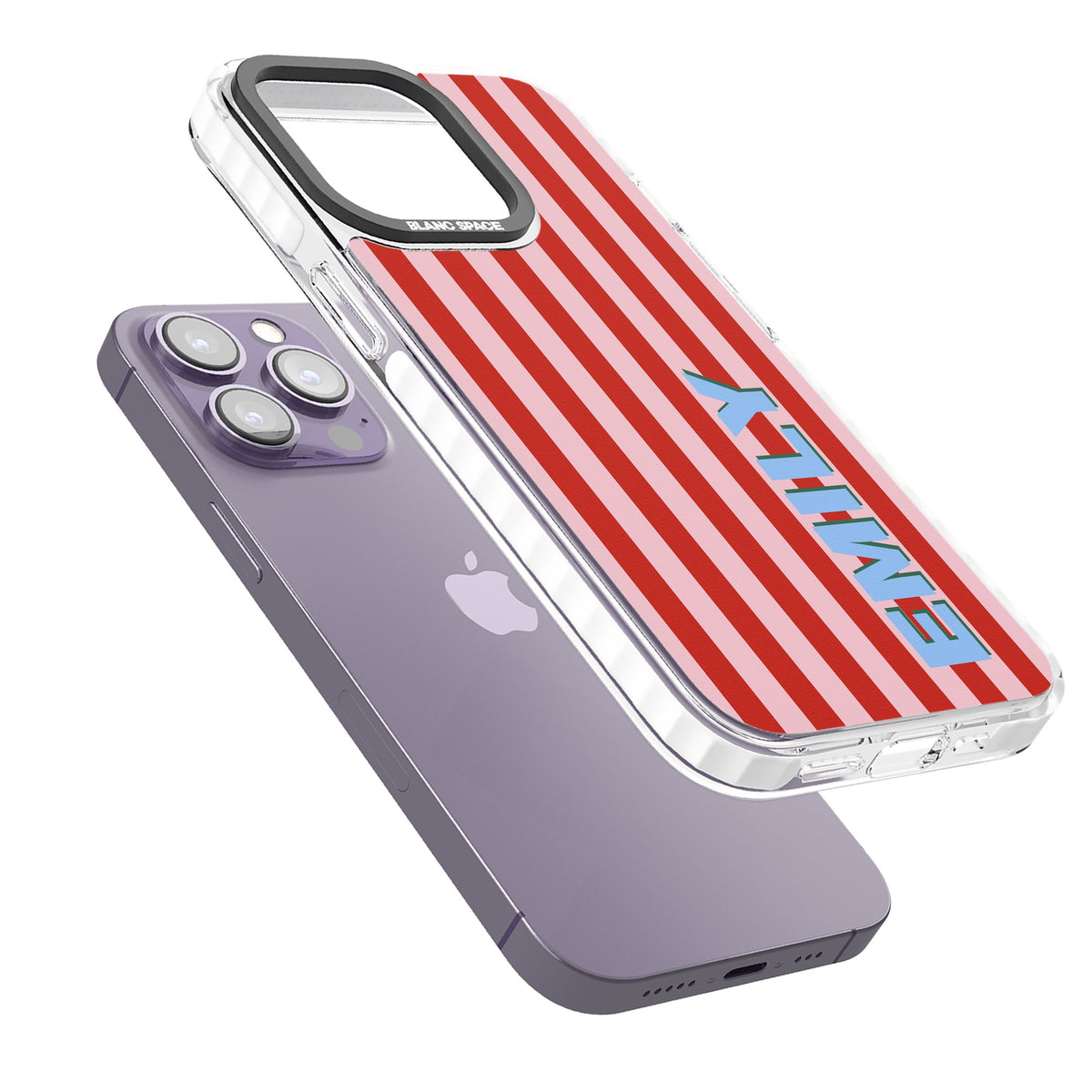 Personalised Market Stripe iPhone 13 Pro / iPhone 13 Pro Max / iPhone 14 Pro / iPhone 14 Pro Max / iPhone 15 Pro / iPhone 15 Pro Max Impact Pro Clear Phone Case angled