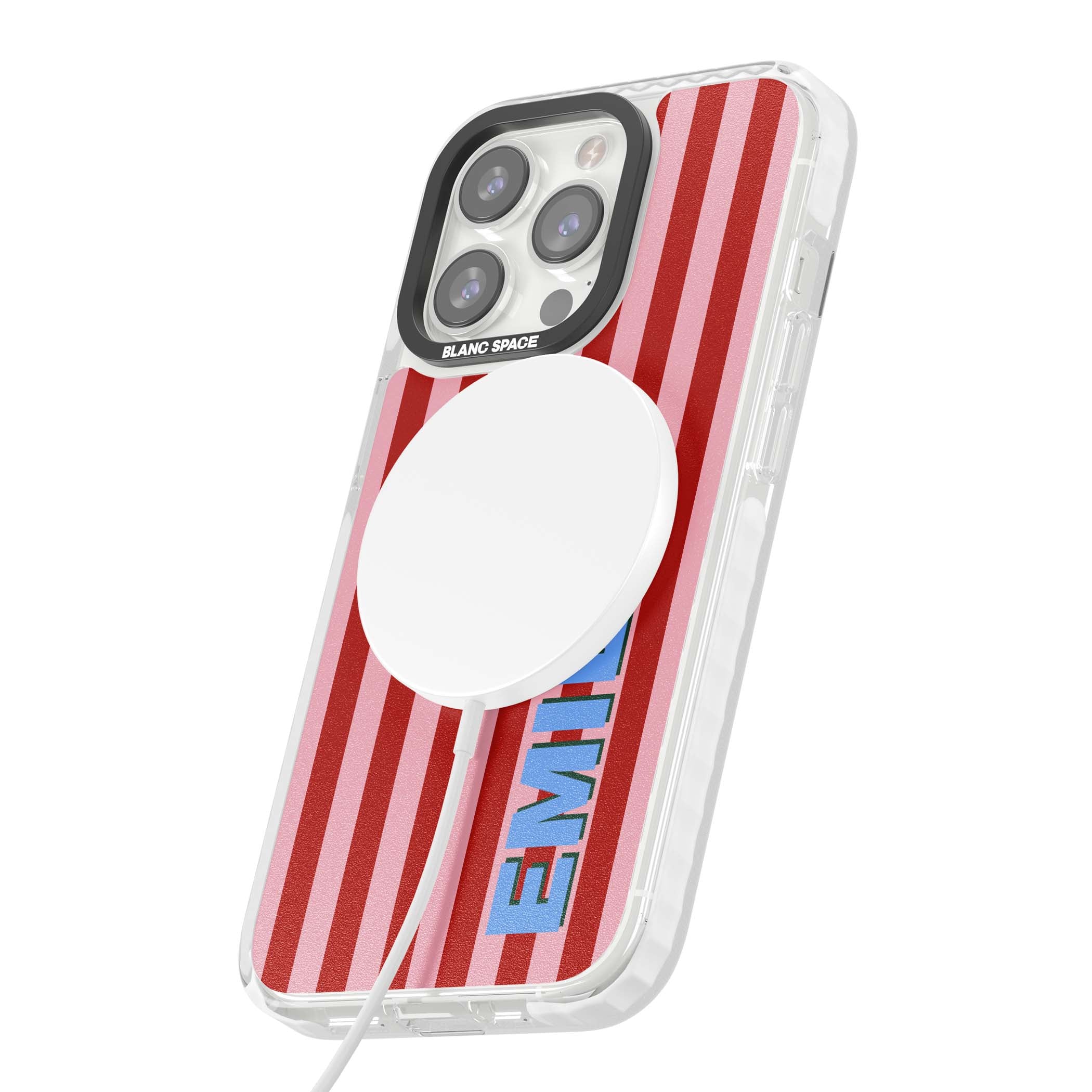 Market Stripe personalised iPhone case with red and pink vertical stripes and custom blue name | Impact Magsafe case for iPhone 13 Pro, iPhone 14 Pro, iPhone 15 Pro