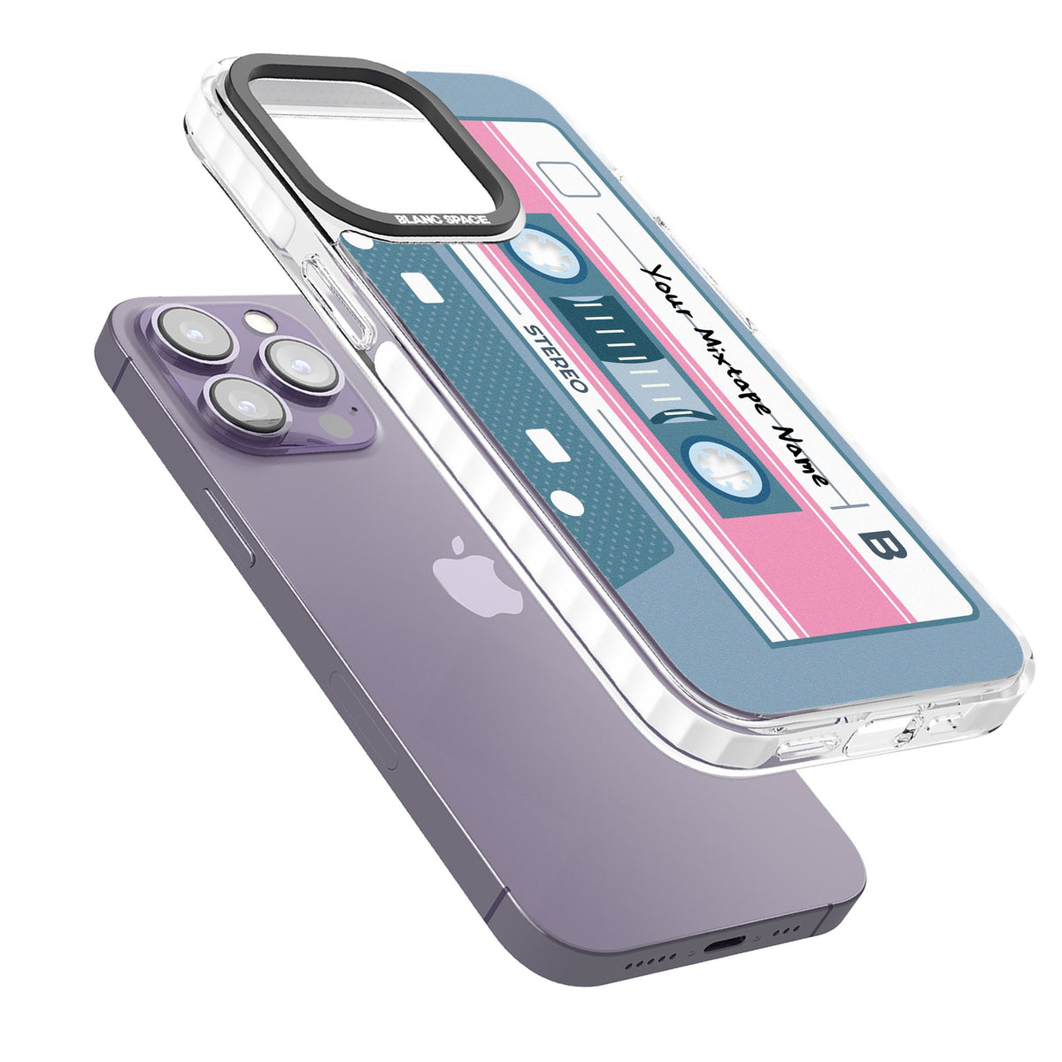 Personalised Retro Cassette Mixtape iPhone 13 Pro / iPhone 13 Pro Max / iPhone 14 Pro / iPhone 14 Pro Max / iPhone 15 Pro / iPhone 15 Pro Max Impact Pro Clear Phone Case angled