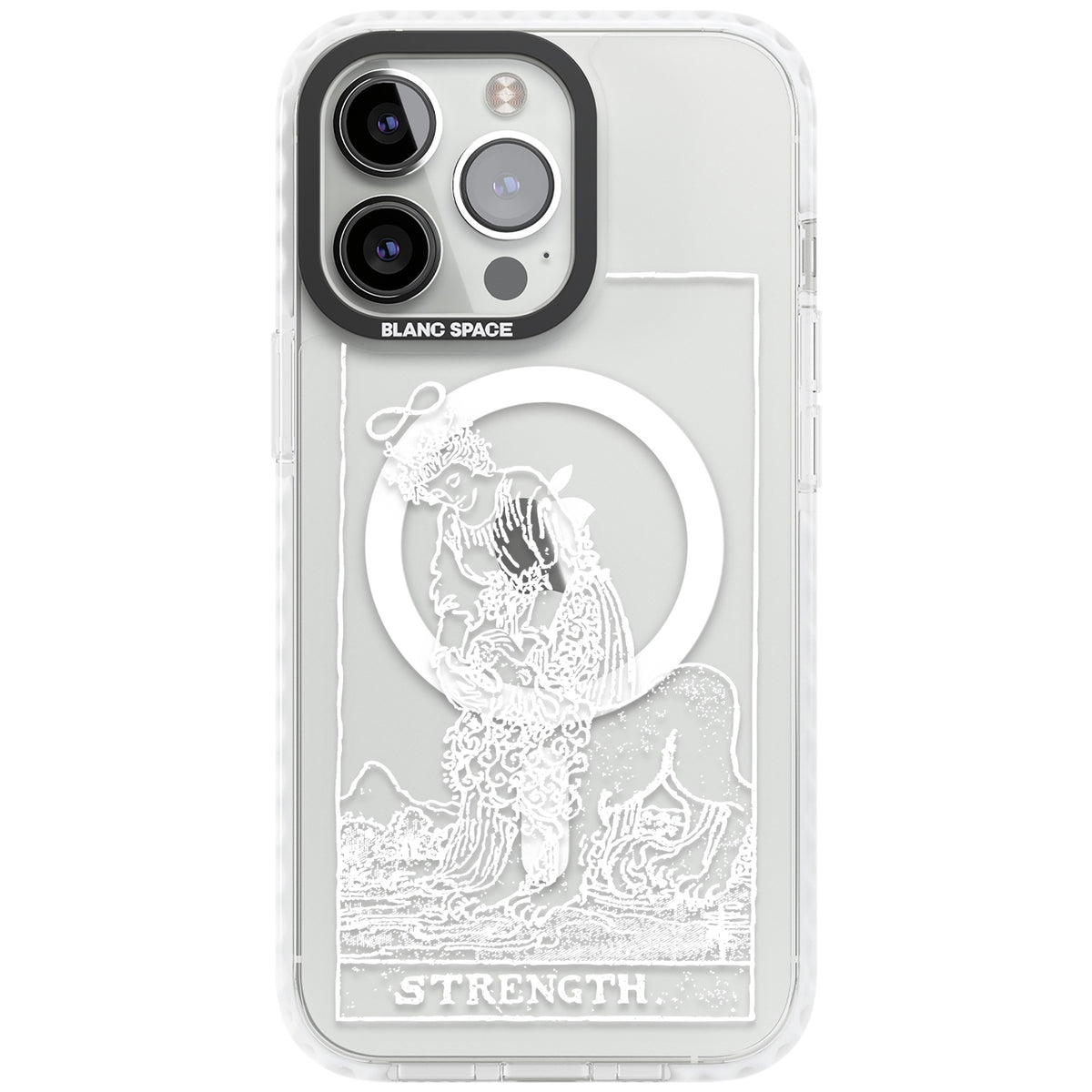 Personalised Strength Tarot Card (White) iPhone 13 Pro / iPhone 13 Pro Max / iPhone 14 Pro / iPhone 14 Pro Max / iPhone 15 Pro / iPhone 15 Pro Max Impact Pro Clear Phone Case front