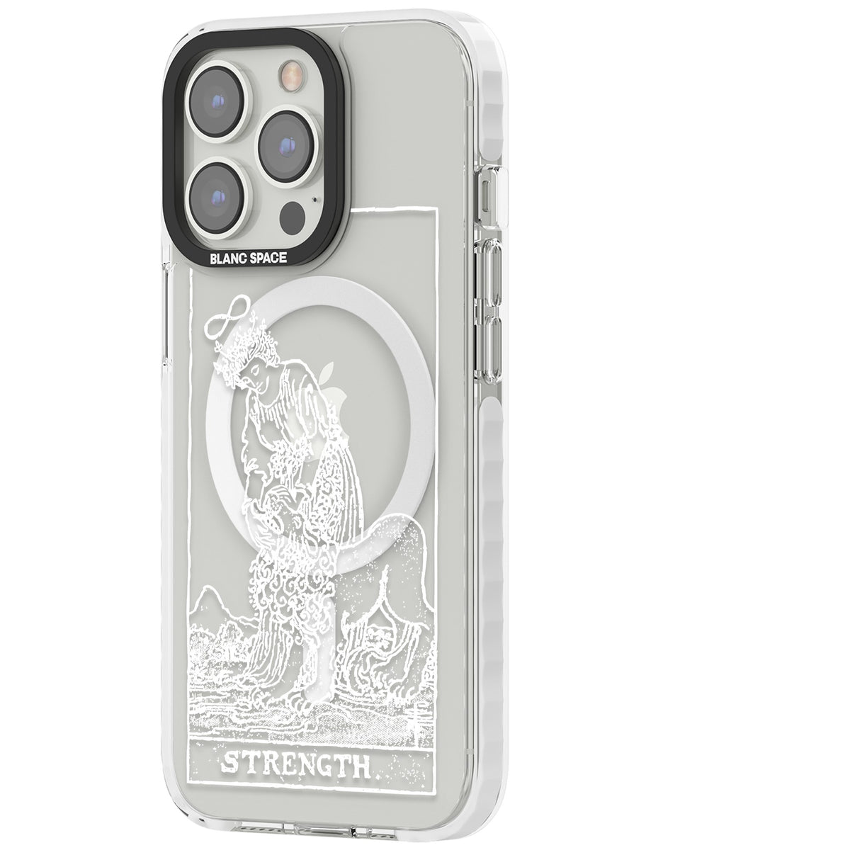 Personalised Strength Tarot Card (White) iPhone 13 Pro / iPhone 13 Pro Max / iPhone 14 Pro / iPhone 14 Pro Max / iPhone 15 Pro / iPhone 15 Pro Max Impact Pro Clear Phone Case side