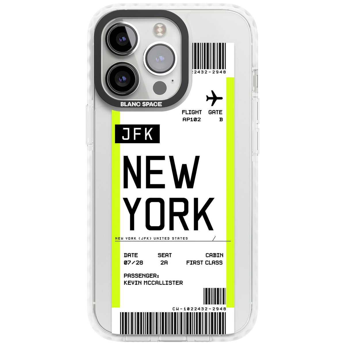 Personalised New York Boarding Pass iPhone 13 Pro / iPhone 13 Pro Max / iPhone 14 Pro / iPhone 14 Pro Max / iPhone 15 Pro / iPhone 15 Pro Max Impact Pro Clear Phone Case front