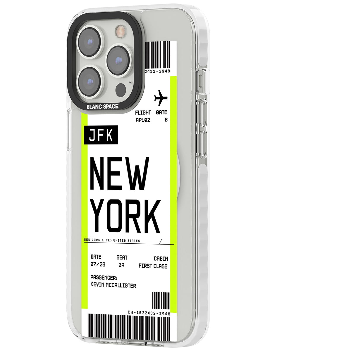 Personalised New York Boarding Pass iPhone 13 Pro / iPhone 13 Pro Max / iPhone 14 Pro / iPhone 14 Pro Max / iPhone 15 Pro / iPhone 15 Pro Max Impact Pro Clear Phone Case side
