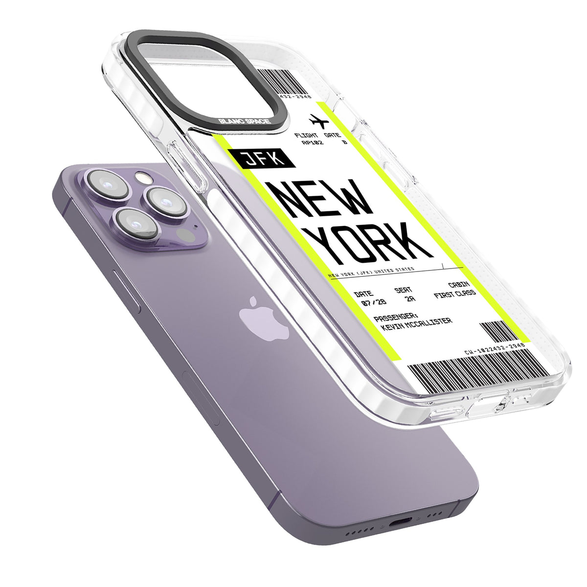 Personalised New York Boarding Pass iPhone 13 Pro / iPhone 13 Pro Max / iPhone 14 Pro / iPhone 14 Pro Max / iPhone 15 Pro / iPhone 15 Pro Max Impact Pro Clear Phone Case angled