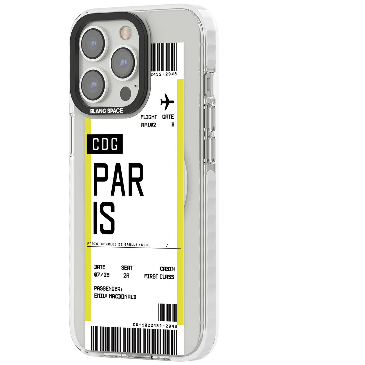 Personalised Paris Boarding Pass iPhone 13 Pro / iPhone 13 Pro Max / iPhone 14 Pro / iPhone 14 Pro Max / iPhone 15 Pro / iPhone 15 Pro Max Impact Pro Clear Phone Case side