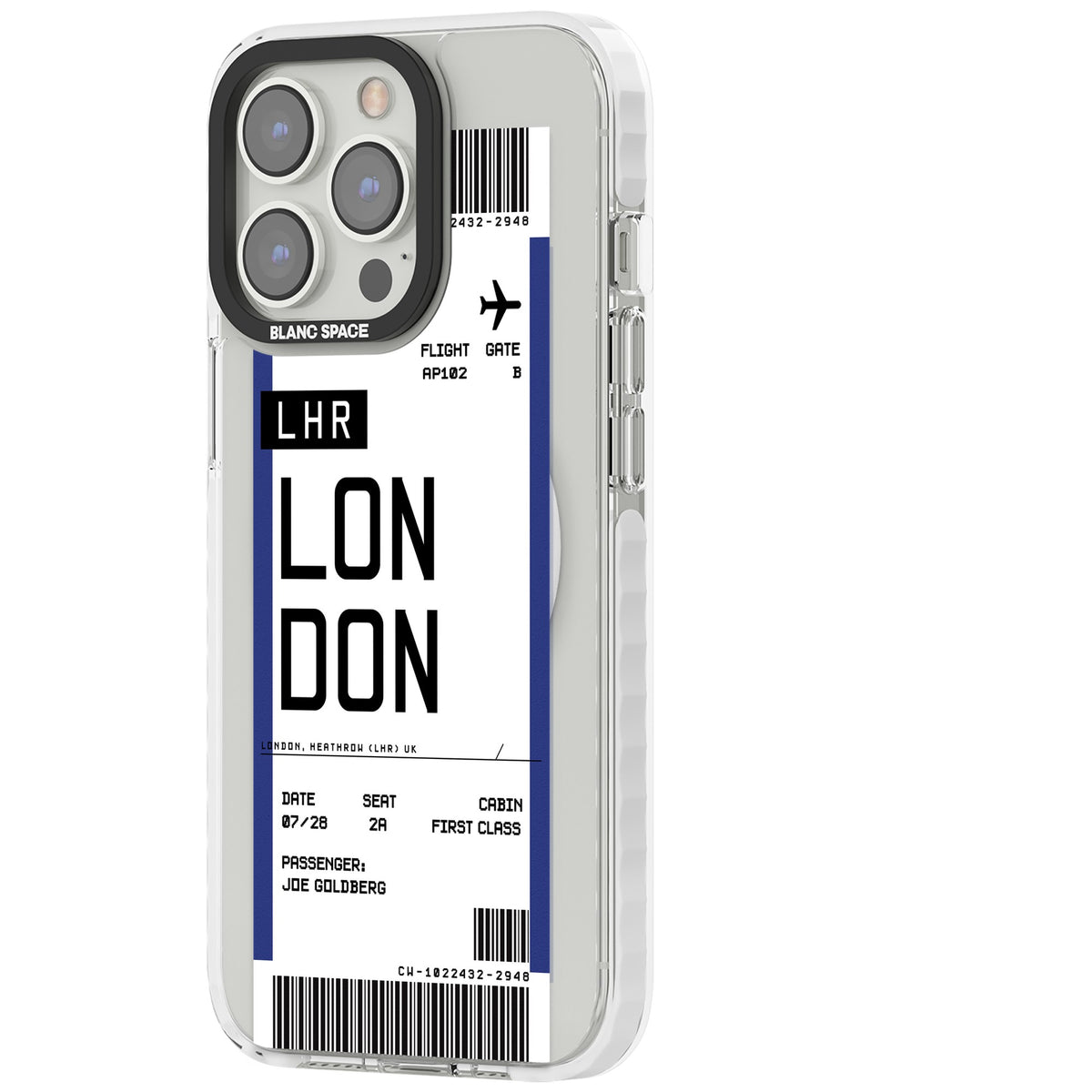 Personalised London Boarding Pass iPhone 13 Pro / iPhone 13 Pro Max / iPhone 14 Pro / iPhone 14 Pro Max / iPhone 15 Pro / iPhone 15 Pro Max Impact Pro Clear Phone Case side