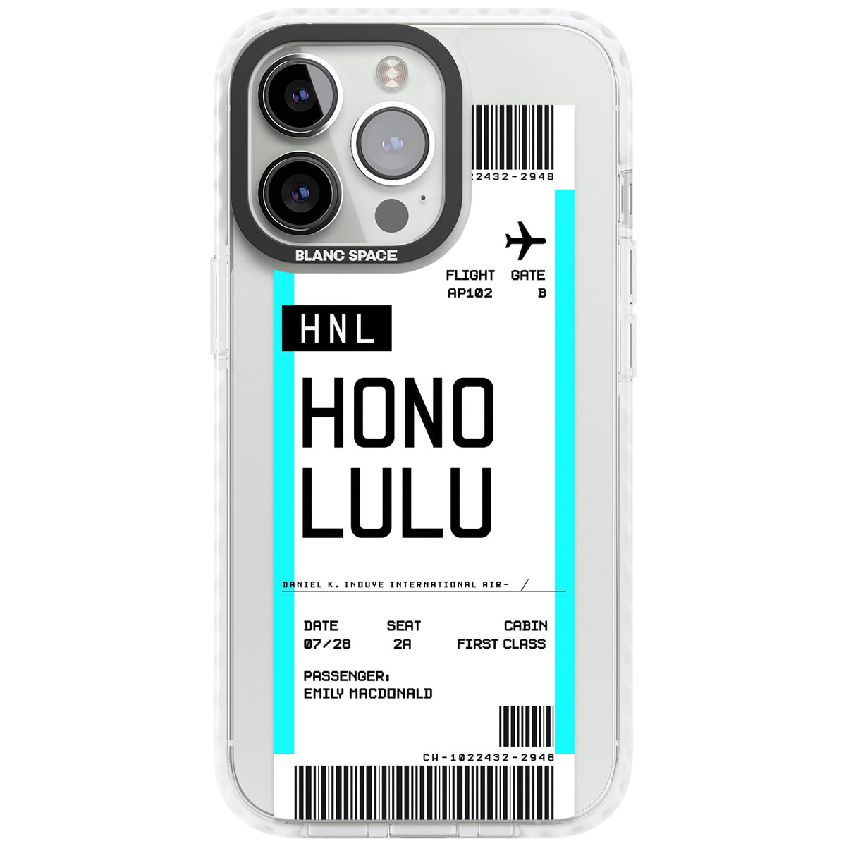 Personalised Honolulu Boarding Pass iPhone 13 Pro / iPhone 13 Pro Max / iPhone 14 Pro / iPhone 14 Pro Max / iPhone 15 Pro / iPhone 15 Pro Max Impact Pro Clear Phone Case front