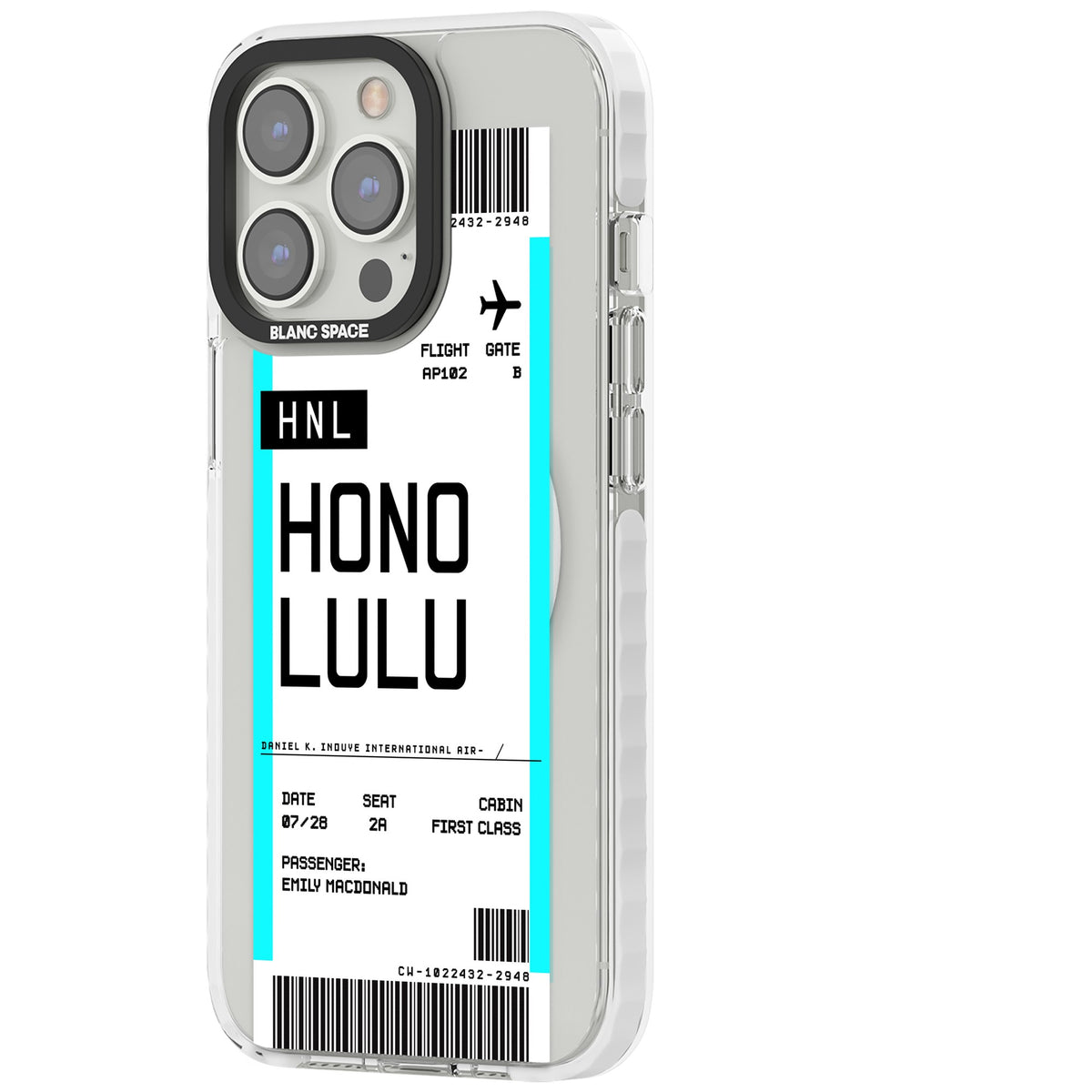 Personalised Honolulu Boarding Pass iPhone 13 Pro / iPhone 13 Pro Max / iPhone 14 Pro / iPhone 14 Pro Max / iPhone 15 Pro / iPhone 15 Pro Max Impact Pro Clear Phone Case side