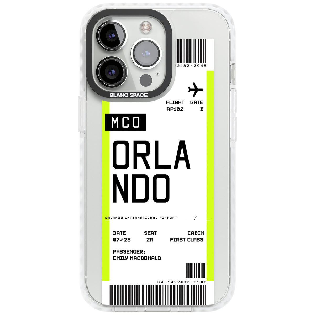 Personalised Orlando Boarding Pass iPhone 13 Pro / iPhone 13 Pro Max / iPhone 14 Pro / iPhone 14 Pro Max / iPhone 15 Pro / iPhone 15 Pro Max Impact Pro Clear Phone Case front