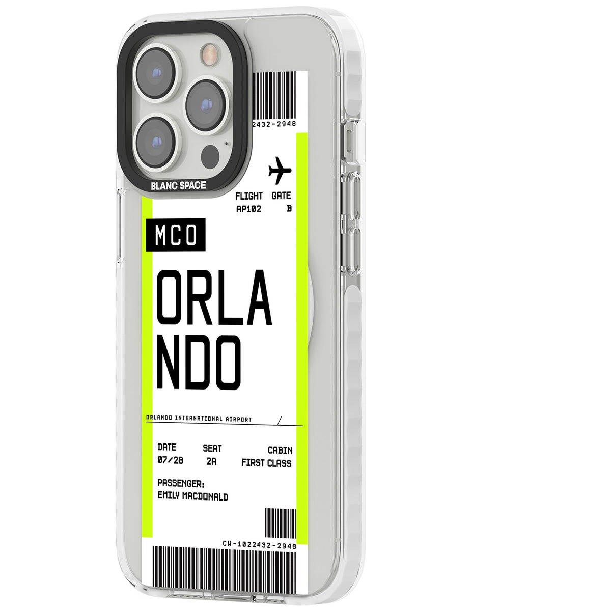 Personalised Orlando Boarding Pass iPhone 13 Pro / iPhone 13 Pro Max / iPhone 14 Pro / iPhone 14 Pro Max / iPhone 15 Pro / iPhone 15 Pro Max Impact Pro Clear Phone Case side