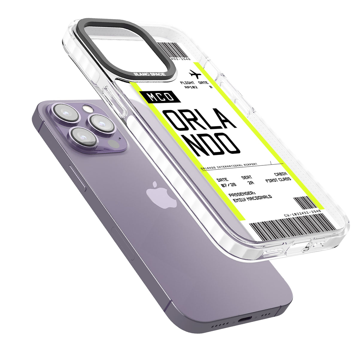 Personalised Orlando Boarding Pass iPhone 13 Pro / iPhone 13 Pro Max / iPhone 14 Pro / iPhone 14 Pro Max / iPhone 15 Pro / iPhone 15 Pro Max Impact Pro Clear Phone Case angled