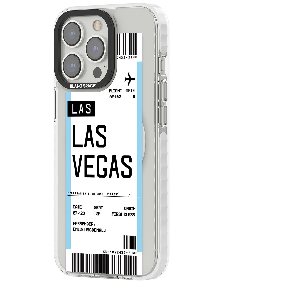 Personalised Las Vegas Boarding Pass iPhone 13 Pro / iPhone 13 Pro Max / iPhone 14 Pro / iPhone 14 Pro Max / iPhone 15 Pro / iPhone 15 Pro Max Impact Pro Clear Phone Case side