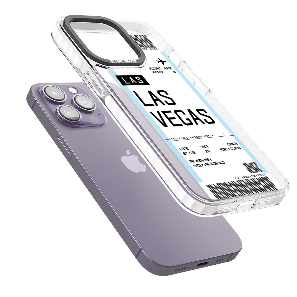 Personalised Las Vegas Boarding Pass iPhone 13 Pro / iPhone 13 Pro Max / iPhone 14 Pro / iPhone 14 Pro Max / iPhone 15 Pro / iPhone 15 Pro Max Impact Pro Clear Phone Case angled