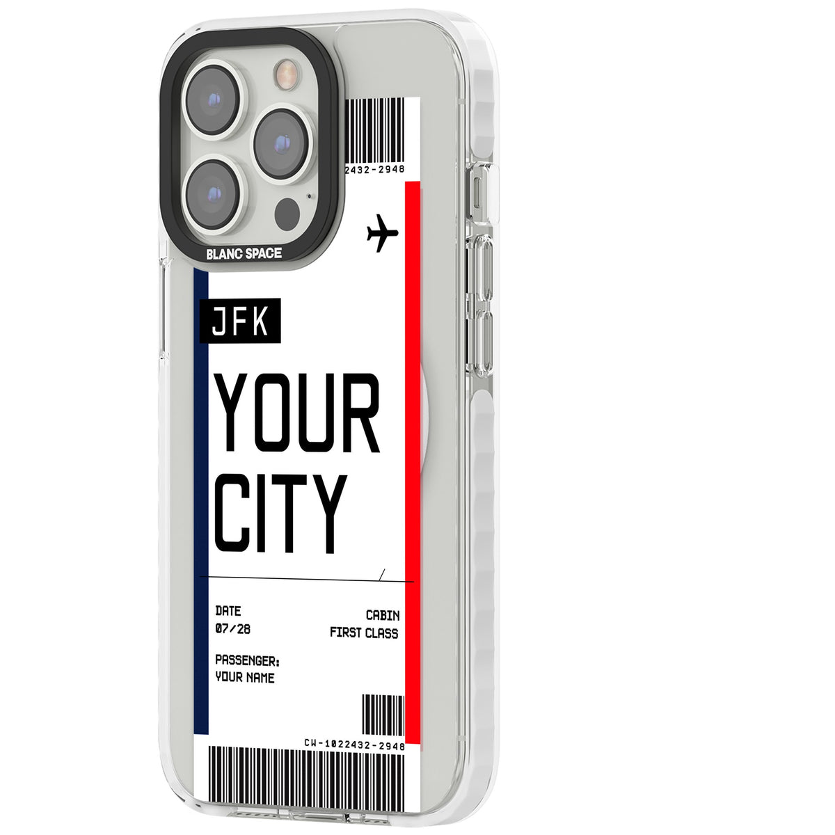 Personalised Create Your Own Boarding Pass Ticket iPhone 13 Pro / iPhone 13 Pro Max / iPhone 14 Pro / iPhone 14 Pro Max / iPhone 15 Pro / iPhone 15 Pro Max Impact Pro Clear Phone Case side