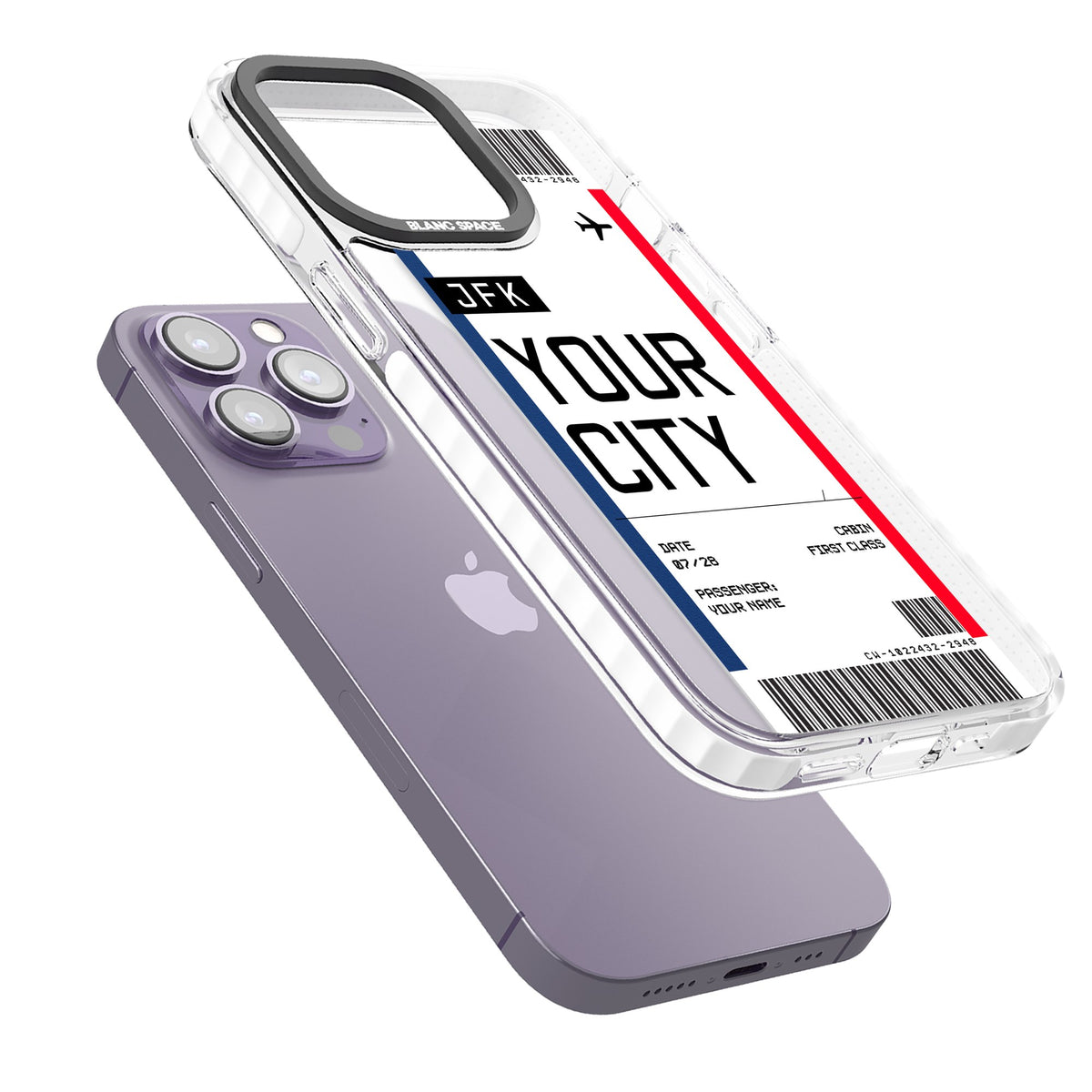 Personalised Create Your Own Boarding Pass Ticket iPhone 13 Pro / iPhone 13 Pro Max / iPhone 14 Pro / iPhone 14 Pro Max / iPhone 15 Pro / iPhone 15 Pro Max Impact Pro Clear Phone Case angled