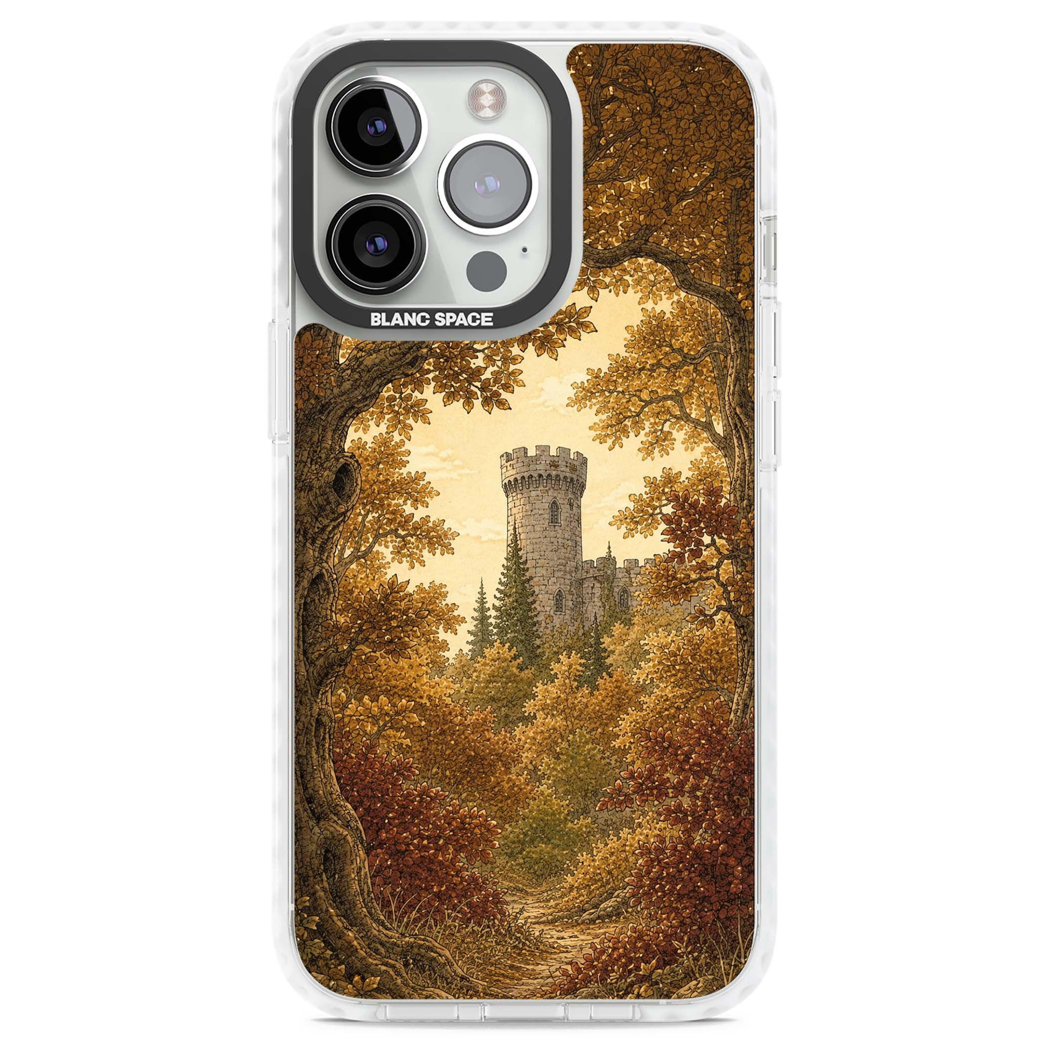Autumn Keep cottagecore iPhone case featuring a medieval castle tower framed by golden autumn trees and woodland foliage | Impact Magsafe case for iPhone 13 Pro, iPhone 14 Pro, iPhone 15 Pro