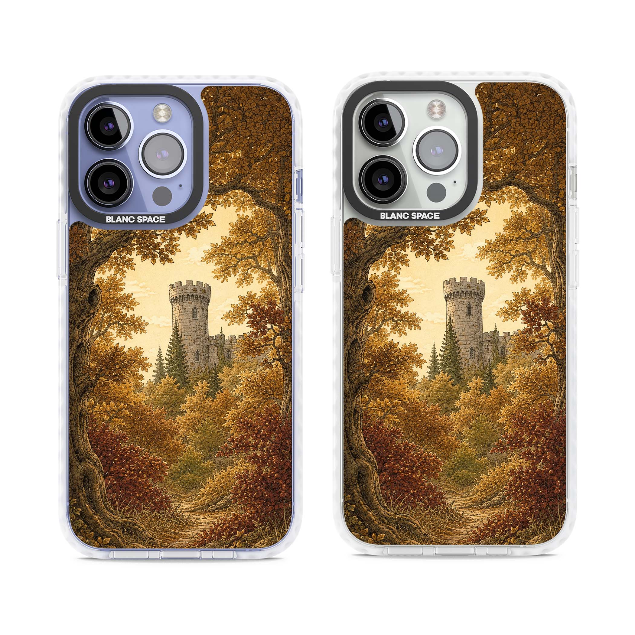 Autumn Keep cottagecore iPhone case featuring a medieval castle tower framed by golden autumn trees and woodland foliage | Impact Magsafe case for iPhone 13 Pro, iPhone 14 Pro, iPhone 15 Pro