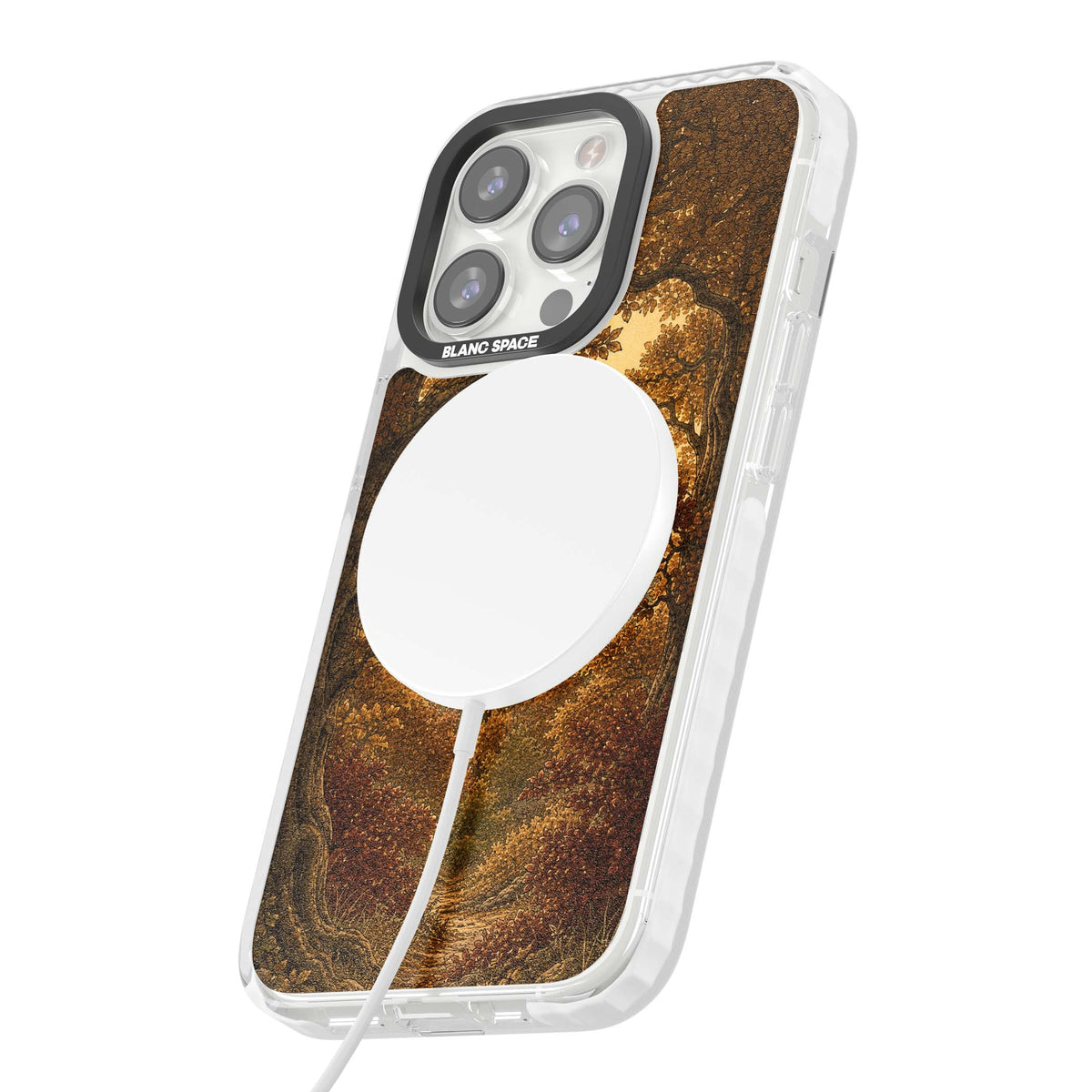Autumn Keep cottagecore iPhone case featuring a medieval castle tower framed by golden autumn trees and woodland foliage | Impact Magsafe case for iPhone 13 Pro, iPhone 14 Pro, iPhone 15 Pro
