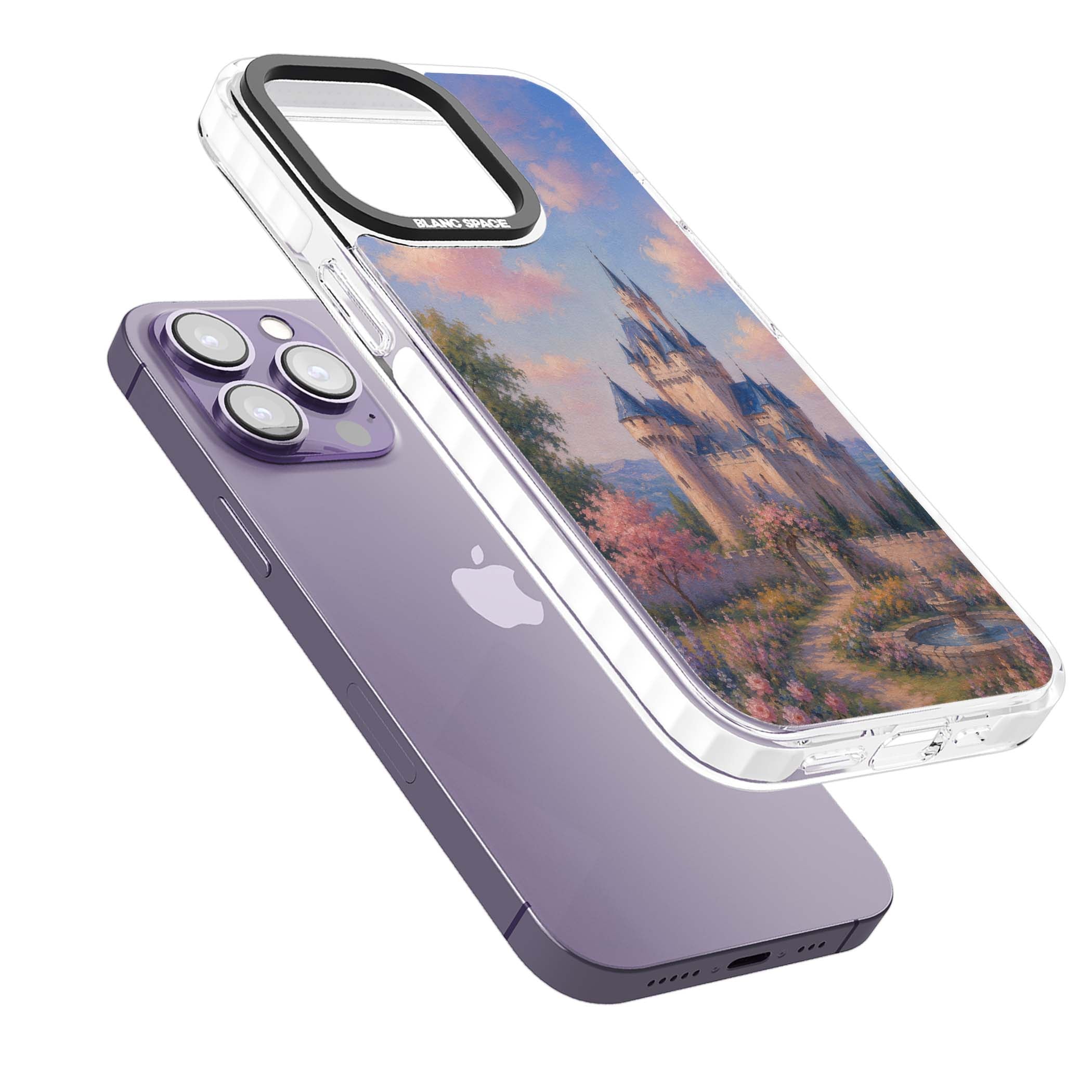 Enchanted Kingdom fairytale iPhone case featuring a romantic castle painting with cherry blossoms and pastel pink sky | Impact Magsafe case for iPhone 13 Pro, iPhone 14 Pro, iPhone 15 Pro