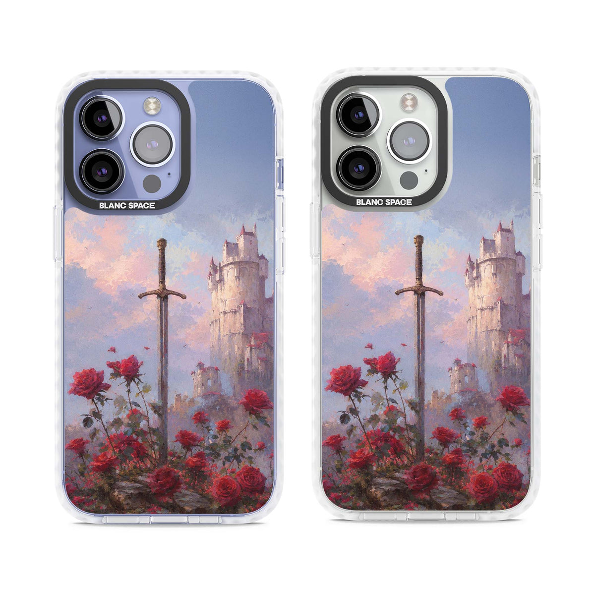 Sword in Roses medieval art iPhone case featuring a sword, red roses, and a misty fairytale castle at sunset | Impact Magsafe case for iPhone 13 Pro, iPhone 14 Pro, iPhone 15 Pro