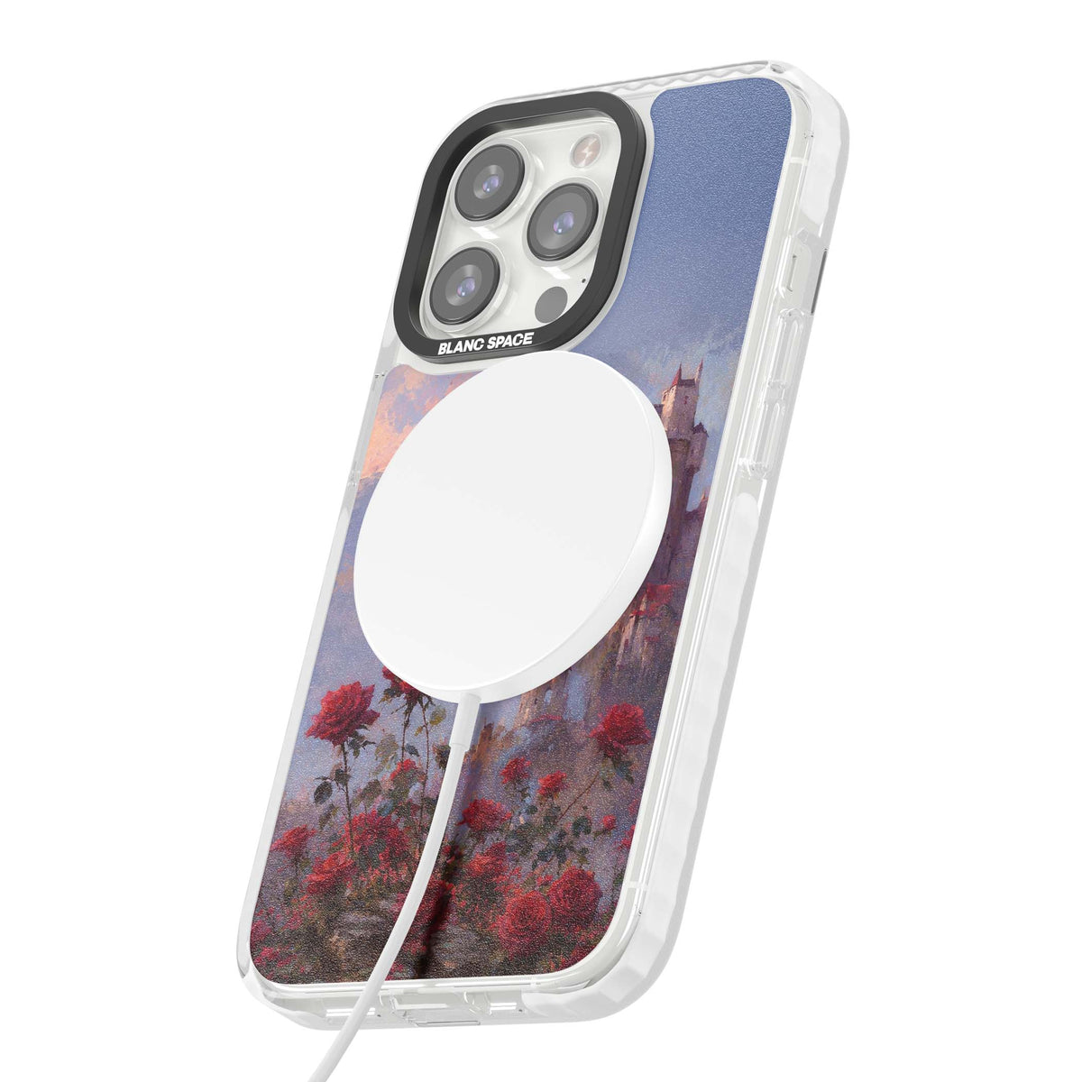 Sword in Roses medieval art iPhone case featuring a sword, red roses, and a misty fairytale castle at sunset | Impact Magsafe case for iPhone 13 Pro, iPhone 14 Pro, iPhone 15 Pro