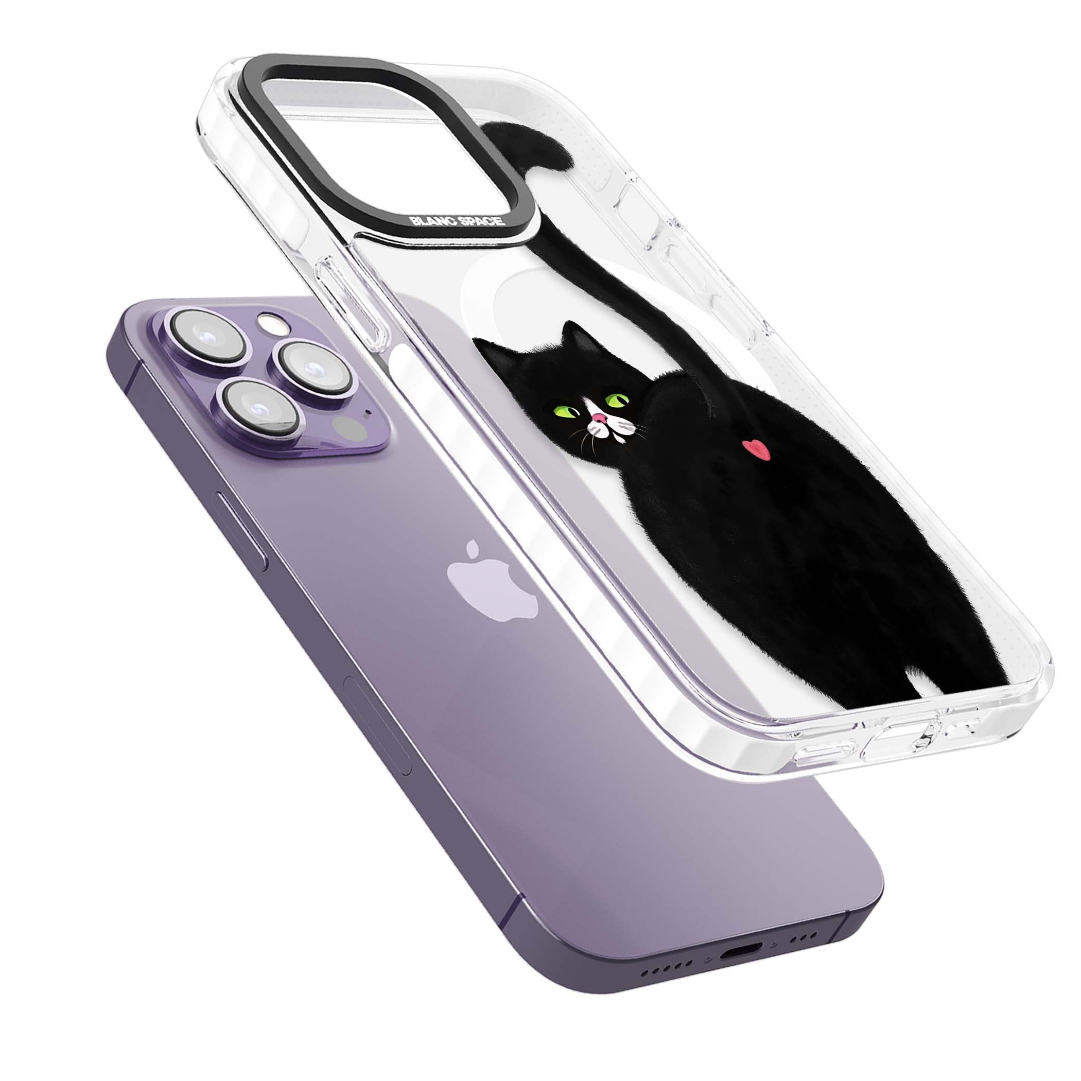The Cat's Kiss cute cat iPhone case featuring a hand-painted tuxedo kitty with green eyes and a pink heart on a clear  | Impact Magsafe case for iPhone 13 Pro, iPhone 14 Pro, iPhone 15 Pro