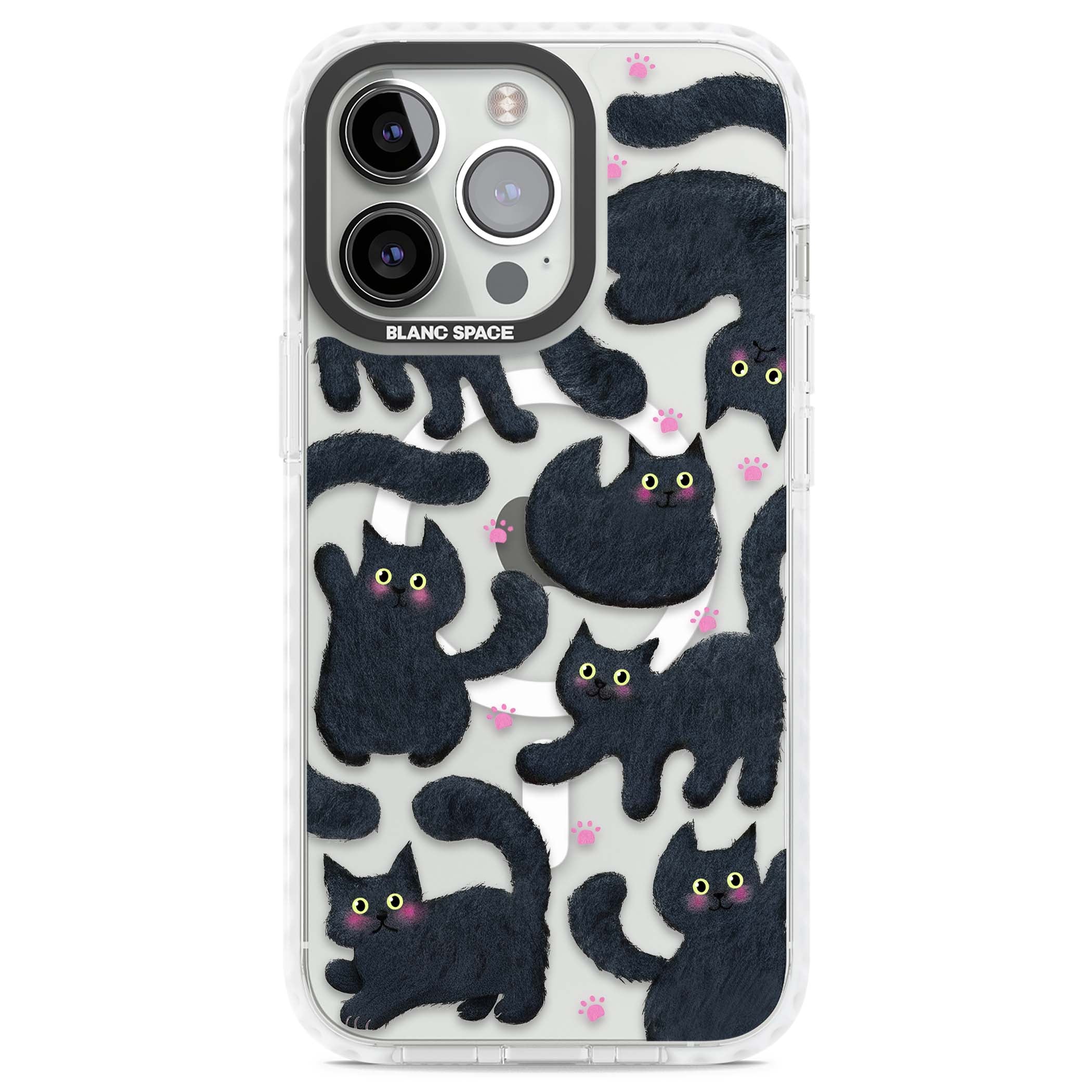 Midnight Cats cute iPhone case featuring black cat pattern with yellow eyes and pink paw prints | Impact Magsafe case for iPhone 13 Pro, iPhone 14 Pro, iPhone 15 Pro