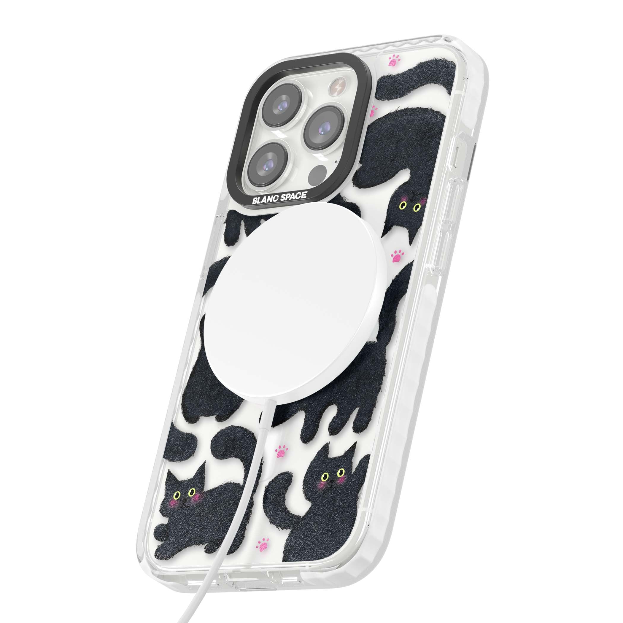 Midnight Cats cute iPhone case featuring black cat pattern with yellow eyes and pink paw prints | Impact Magsafe case for iPhone 13 Pro, iPhone 14 Pro, iPhone 15 Pro