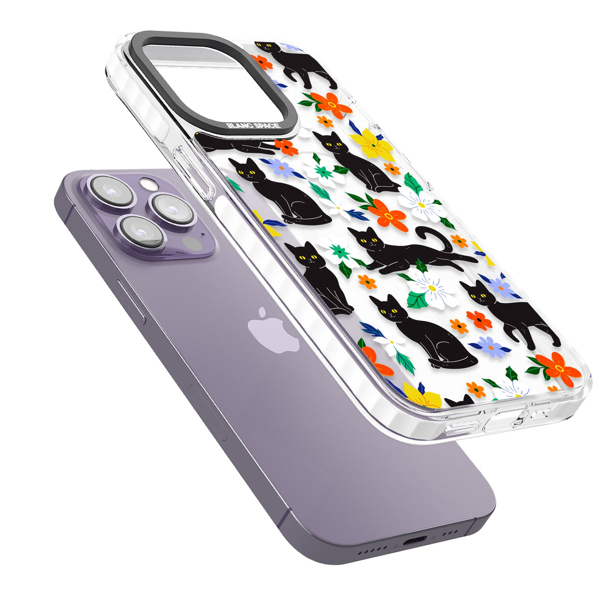 Cat Flowers iPhone 13 Pro / iPhone 13 Pro Max / iPhone 14 Pro / iPhone 14 Pro Max / iPhone 15 Pro / iPhone 15 Pro Max Impact Pro Clear Phone Case angled
