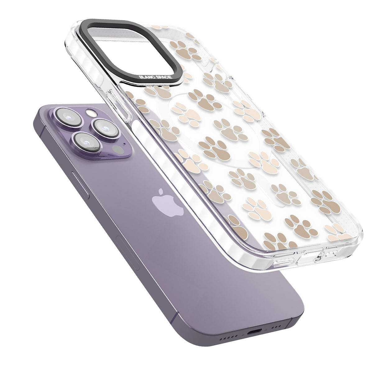 Paw Prints iPhone 13 Pro / iPhone 13 Pro Max / iPhone 14 Pro / iPhone 14 Pro Max / iPhone 15 Pro / iPhone 15 Pro Max Impact Pro Clear Phone Case angled