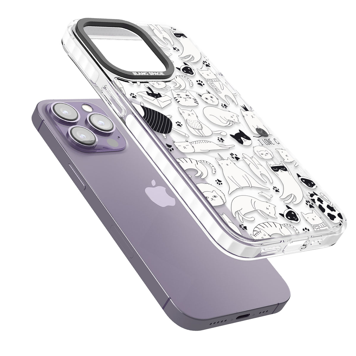 Cartoon Cats (Black & White) iPhone 13 Pro / iPhone 13 Pro Max / iPhone 14 Pro / iPhone 14 Pro Max / iPhone 15 Pro / iPhone 15 Pro Max Impact Pro Clear Phone Case angled