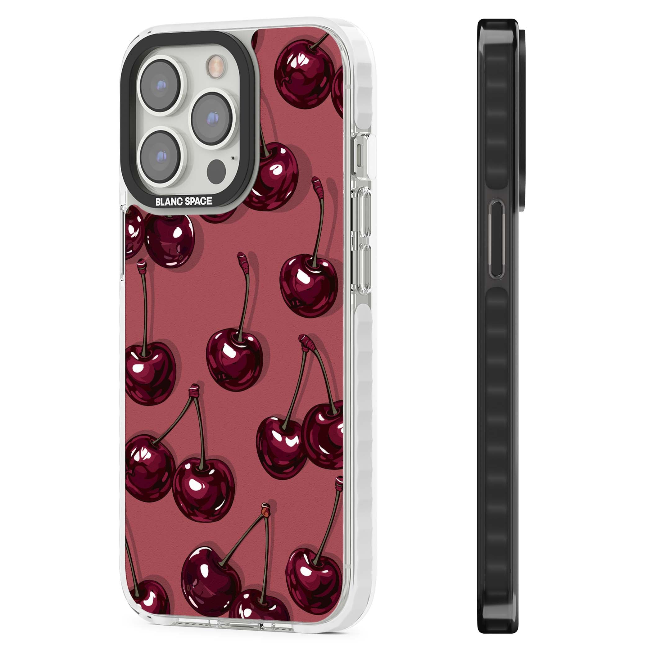 Cherry Rebel coquette iPhone case featuring glossy burgundy cherries on a dusty rose background | Impact Magsafe case for iPhone 13 Pro, iPhone 14 Pro, iPhone 15 Pro