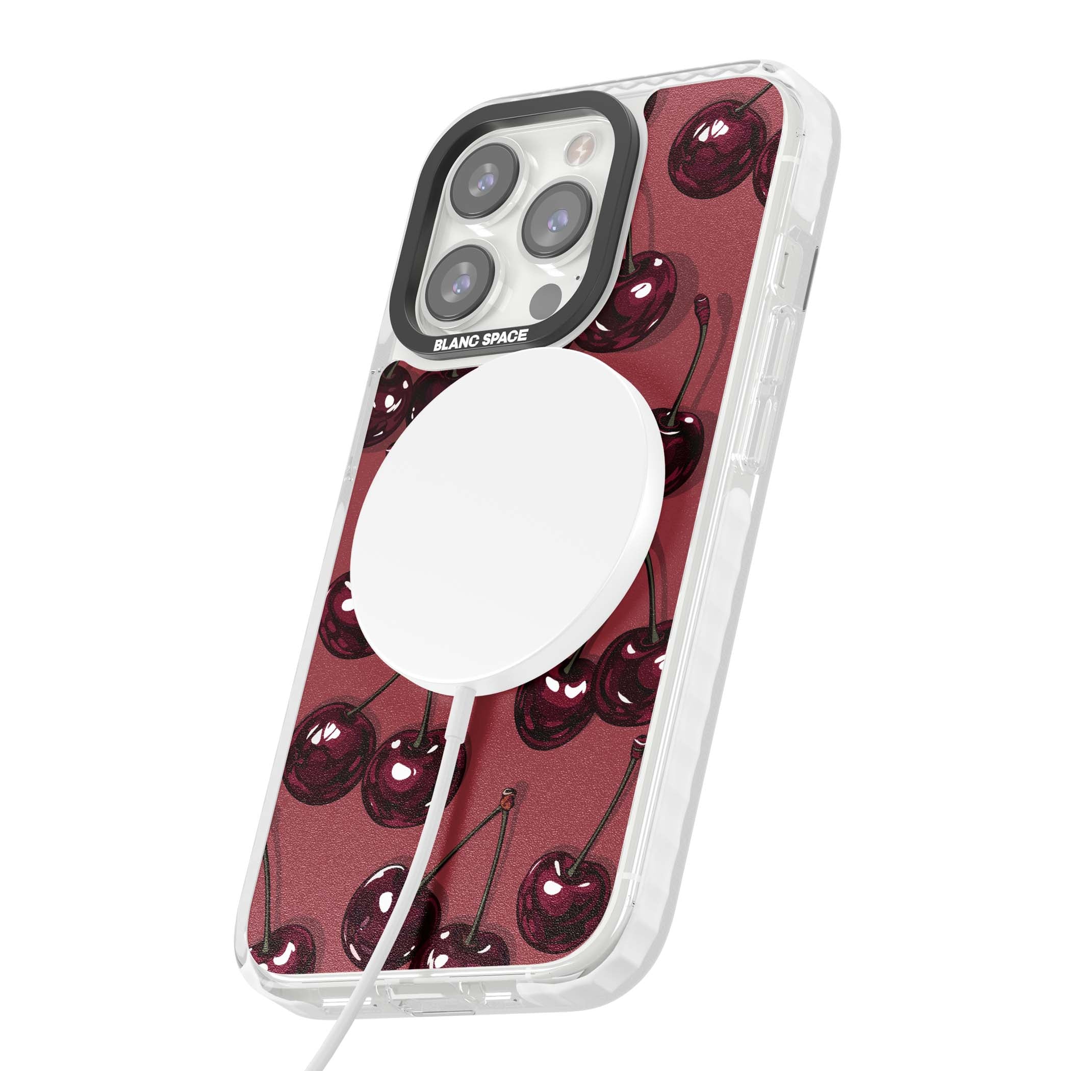 Cherry Rebel coquette iPhone case featuring glossy burgundy cherries on a dusty rose background | Impact Magsafe case for iPhone 13 Pro, iPhone 14 Pro, iPhone 15 Pro