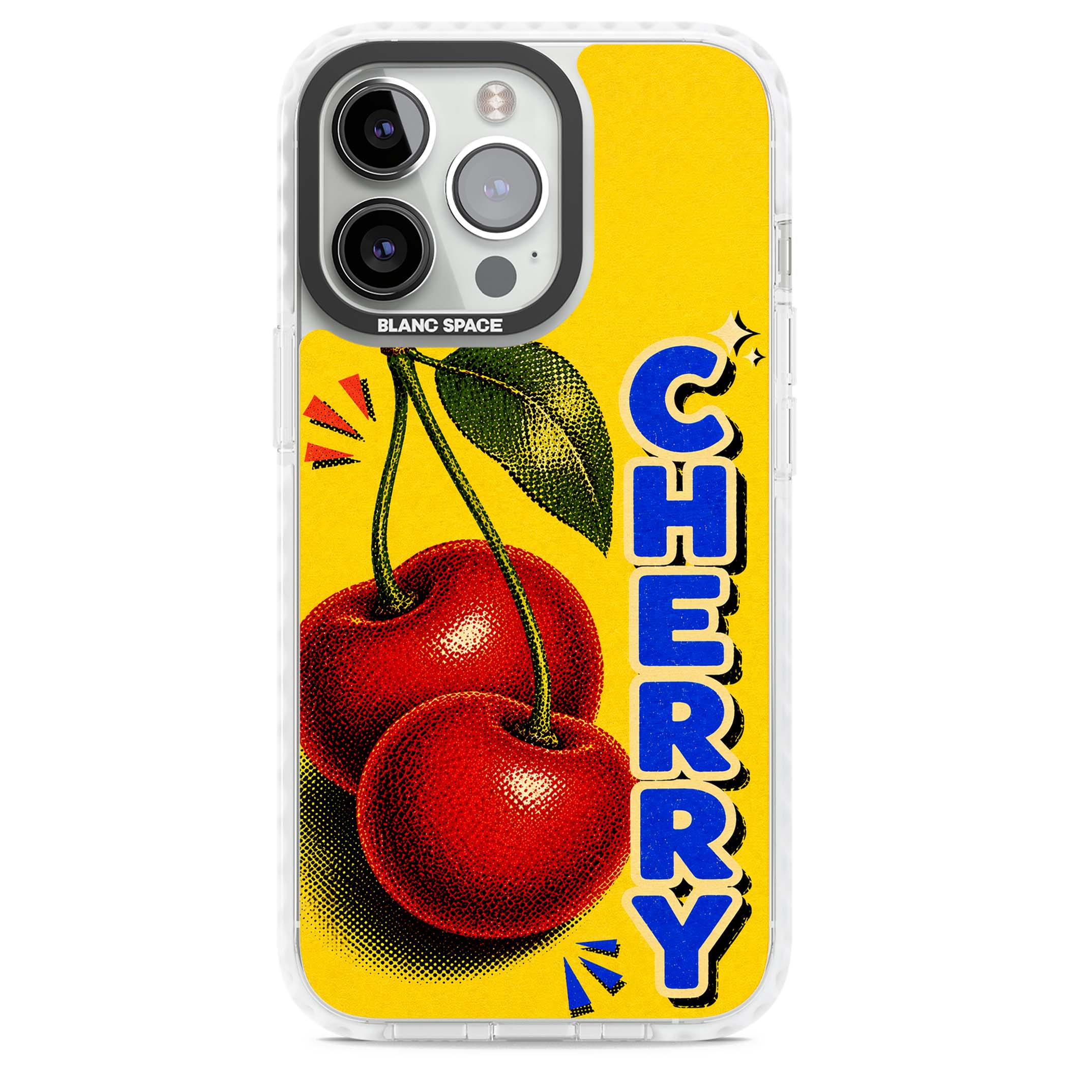 Cherry Yellow y2k iPhone case featuring two red cherries, halftone shading and bold blue CHERRY lettering on yellow | Impact Magsafe case for iPhone 13 Pro, iPhone 14 Pro, iPhone 15 Pro