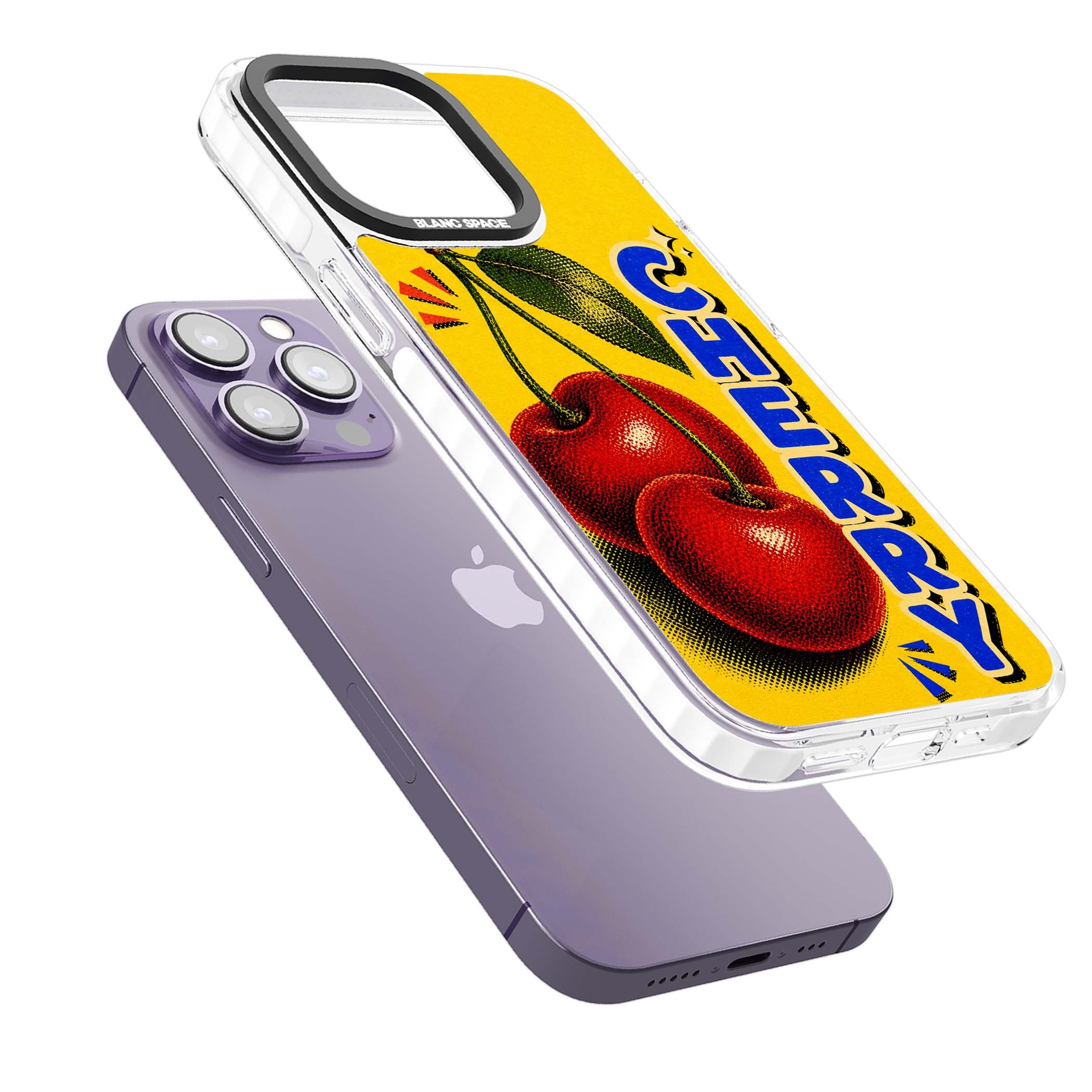 Cherry Yellow y2k iPhone case featuring two red cherries, halftone shading and bold blue CHERRY lettering on yellow | Impact Magsafe case for iPhone 13 Pro, iPhone 14 Pro, iPhone 15 Pro