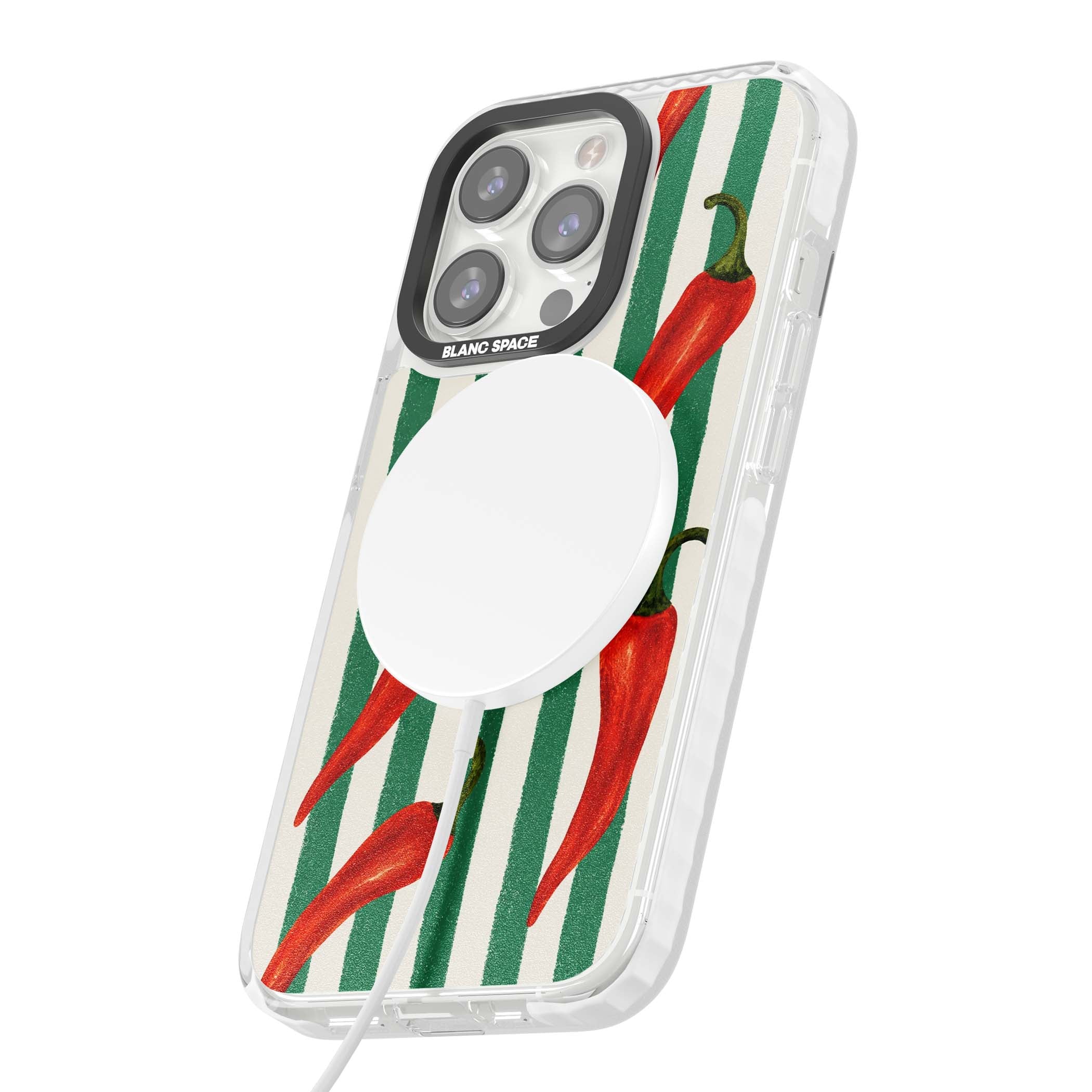 Striped Chillis coastal iPhone case featuring hand-painted red chili peppers on green and cream stripes | Impact Magsafe case for iPhone 13 Pro, iPhone 14 Pro, iPhone 15 Pro