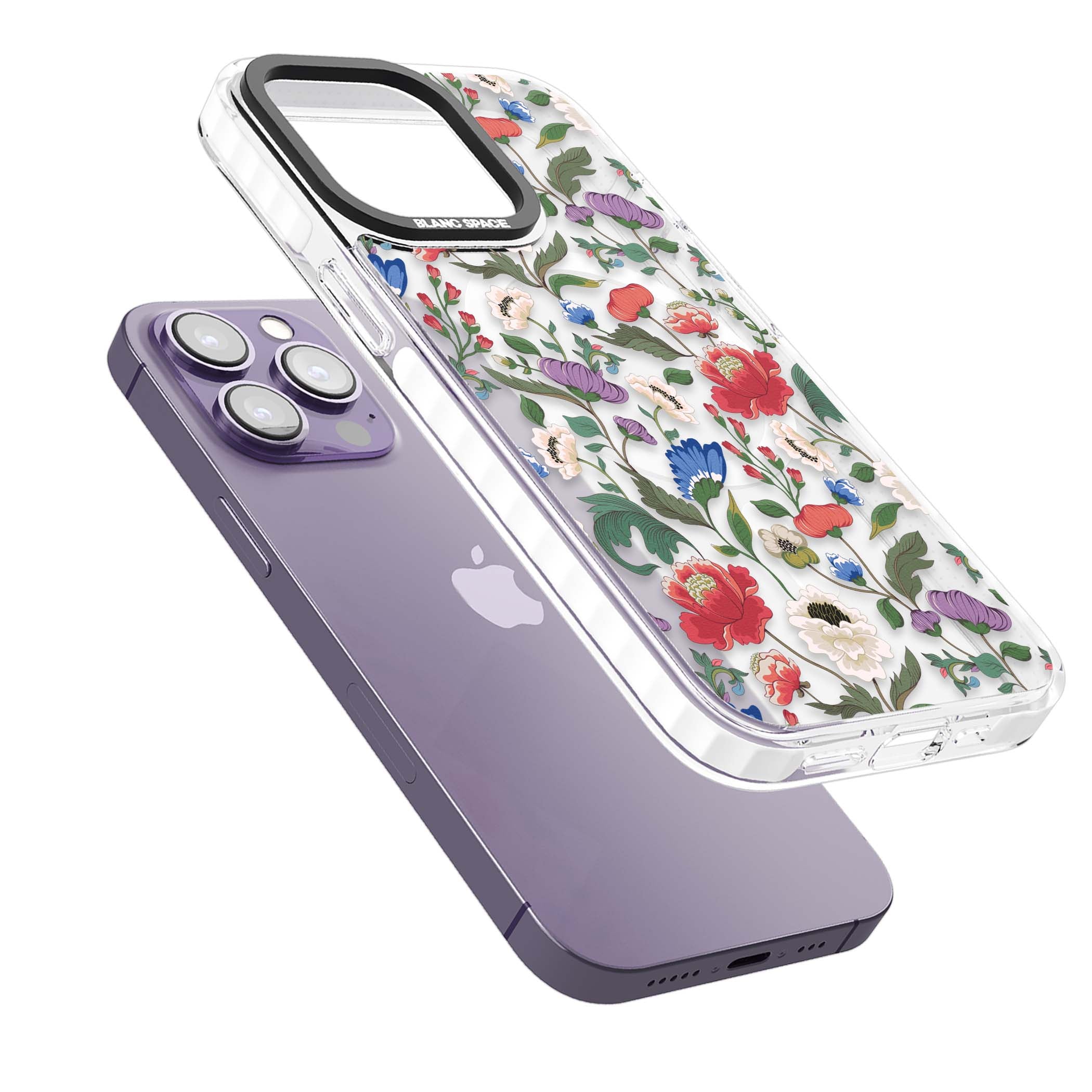 Chinoiserie Bloom vintage floral iPhone case featuring hand-painted peonies, poppies and trailing wildflowers on clear... | Impact Magsafe case for iPhone 13 Pro, iPhone 14 Pro, iPhone 15 Pro