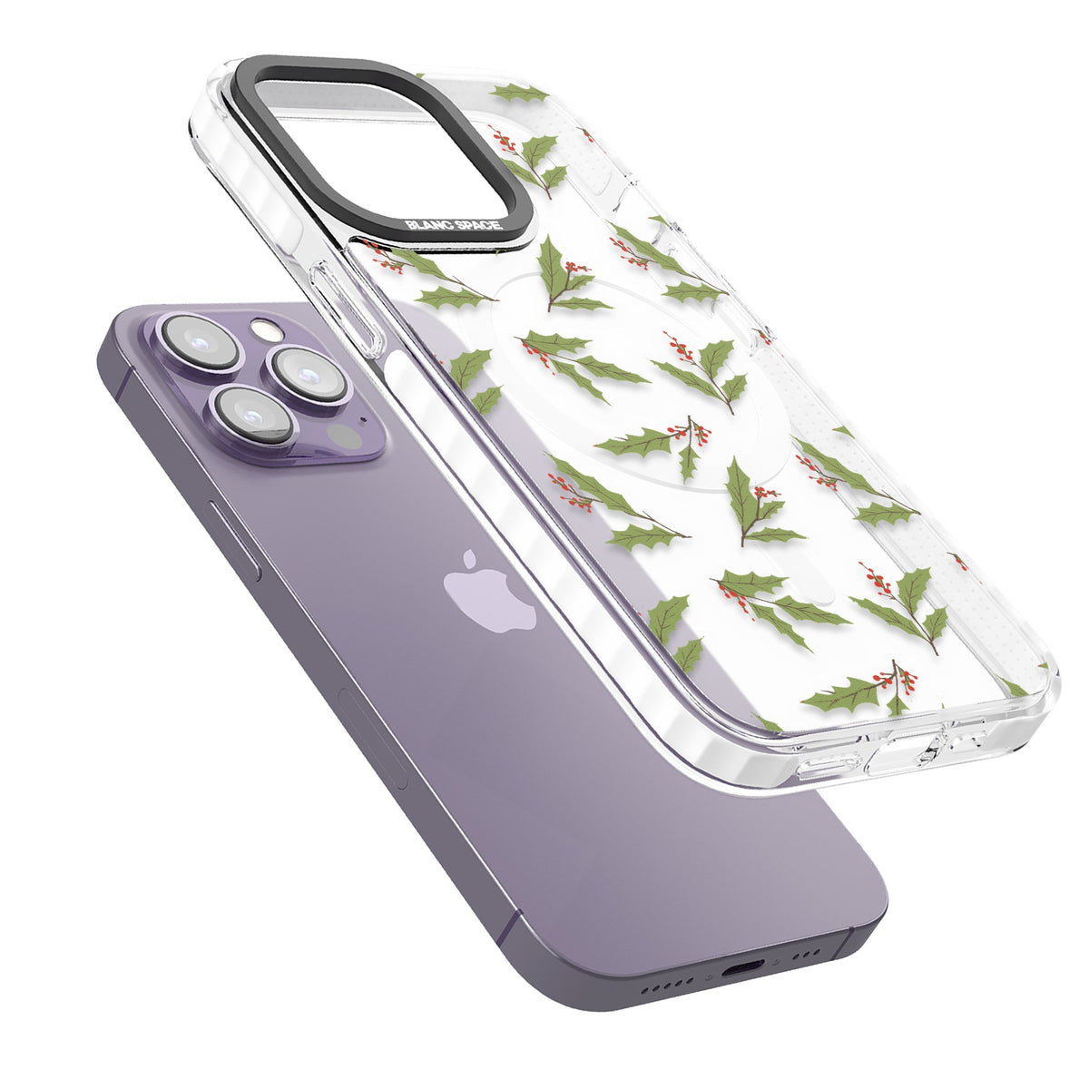 Christmas Holly Pattern iPhone 13 Pro / iPhone 13 Pro Max / iPhone 14 Pro / iPhone 14 Pro Max / iPhone 15 Pro / iPhone 15 Pro Max Impact Pro Clear Phone Case angled
