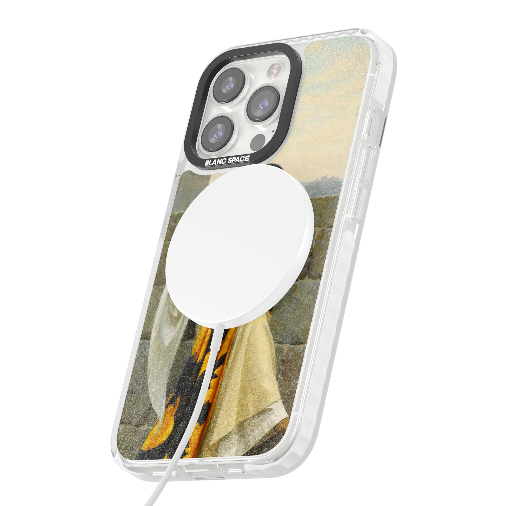 Stitching the Standard renaissance art iPhone case featuring a medieval lady sewing a golden banner on a castle wall | Impact Magsafe case for iPhone 13 Pro, iPhone 14 Pro, iPhone 15 Pro